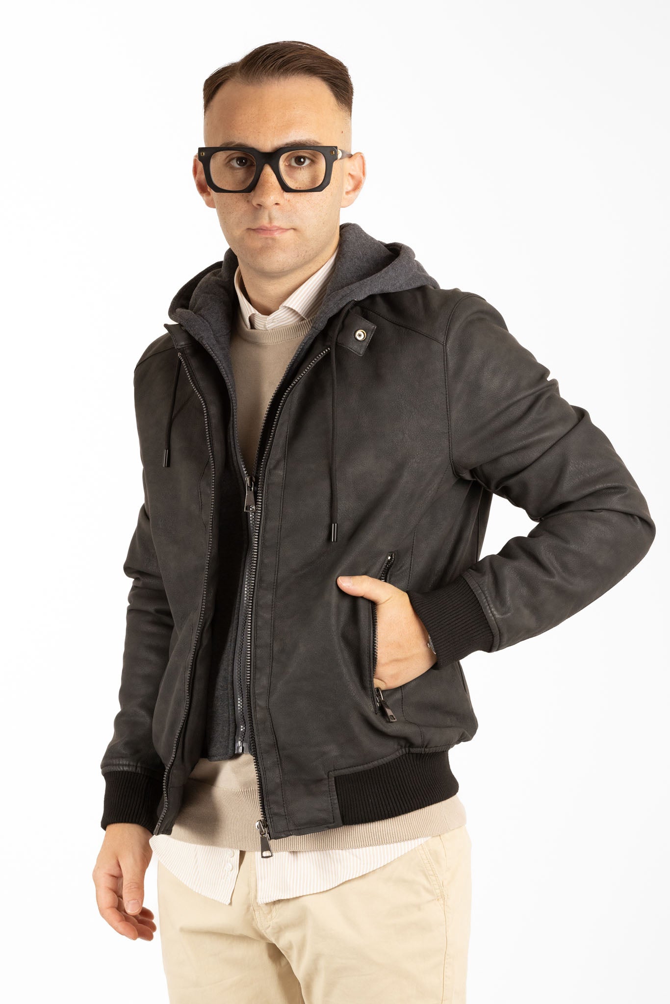 Leatherette Bomber Jacket with Removable Hood | Black