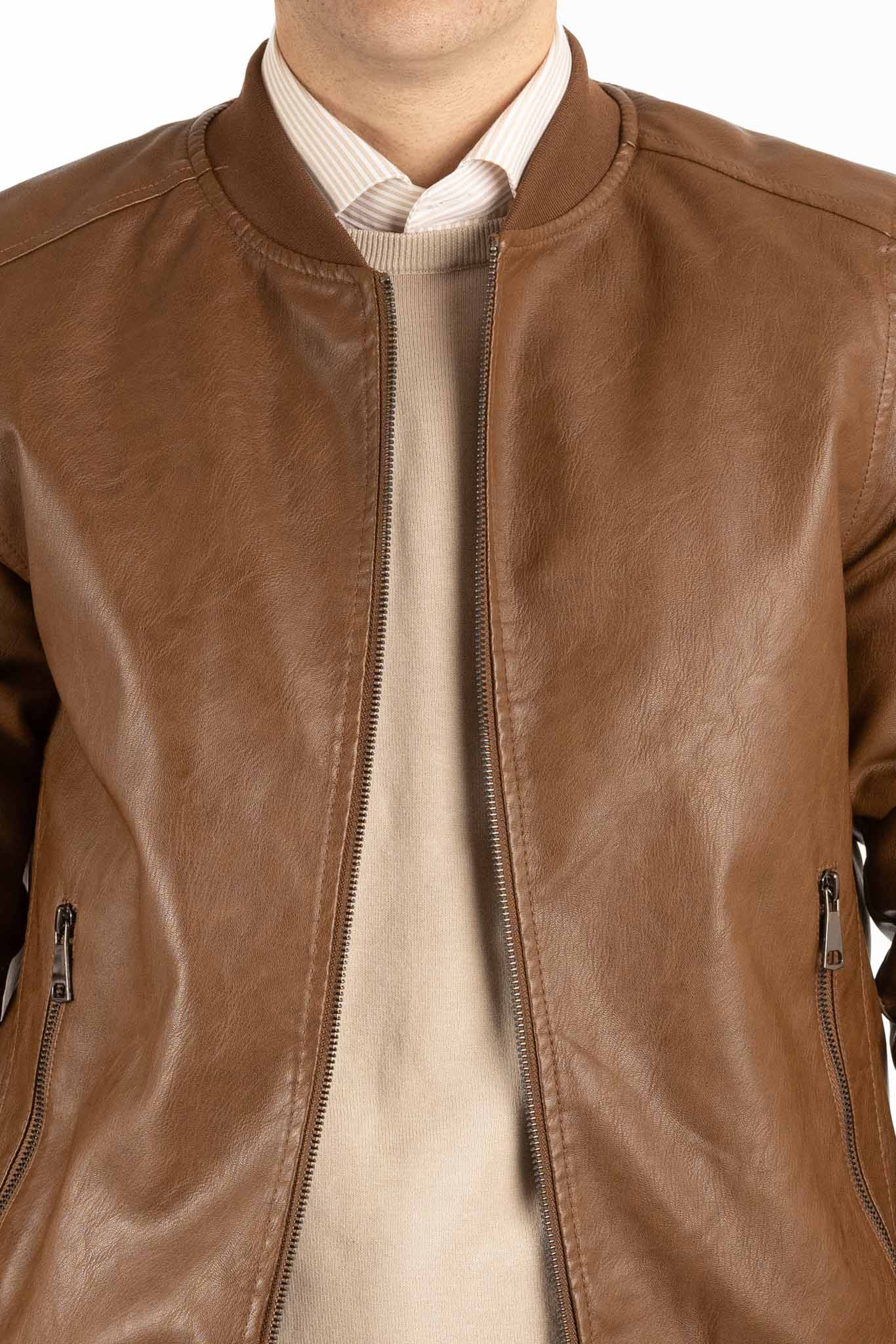 Padded College Leather-Like Bomber Jacket | Brown
