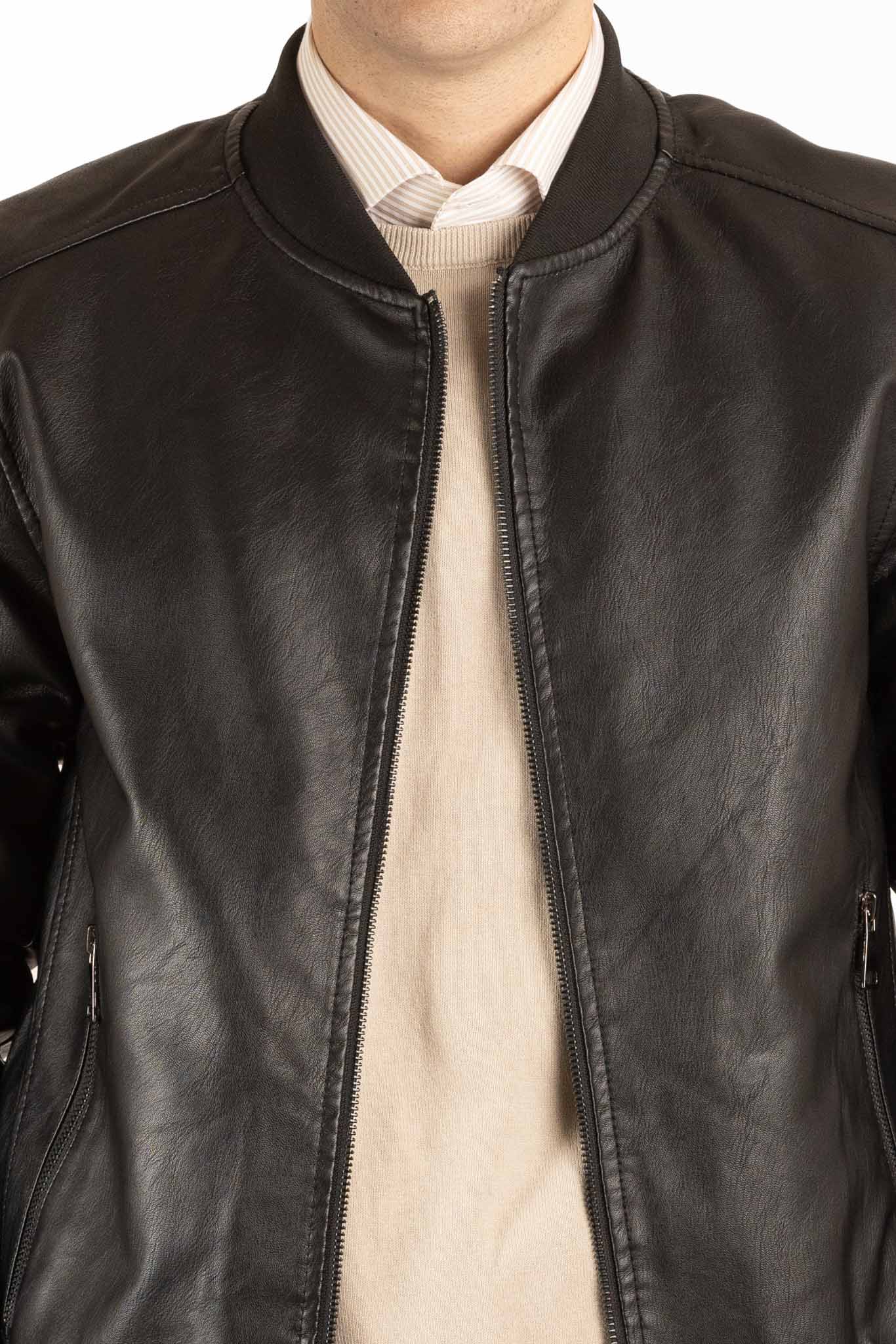 Padded College Leather-Like Bomber Jacket | Black