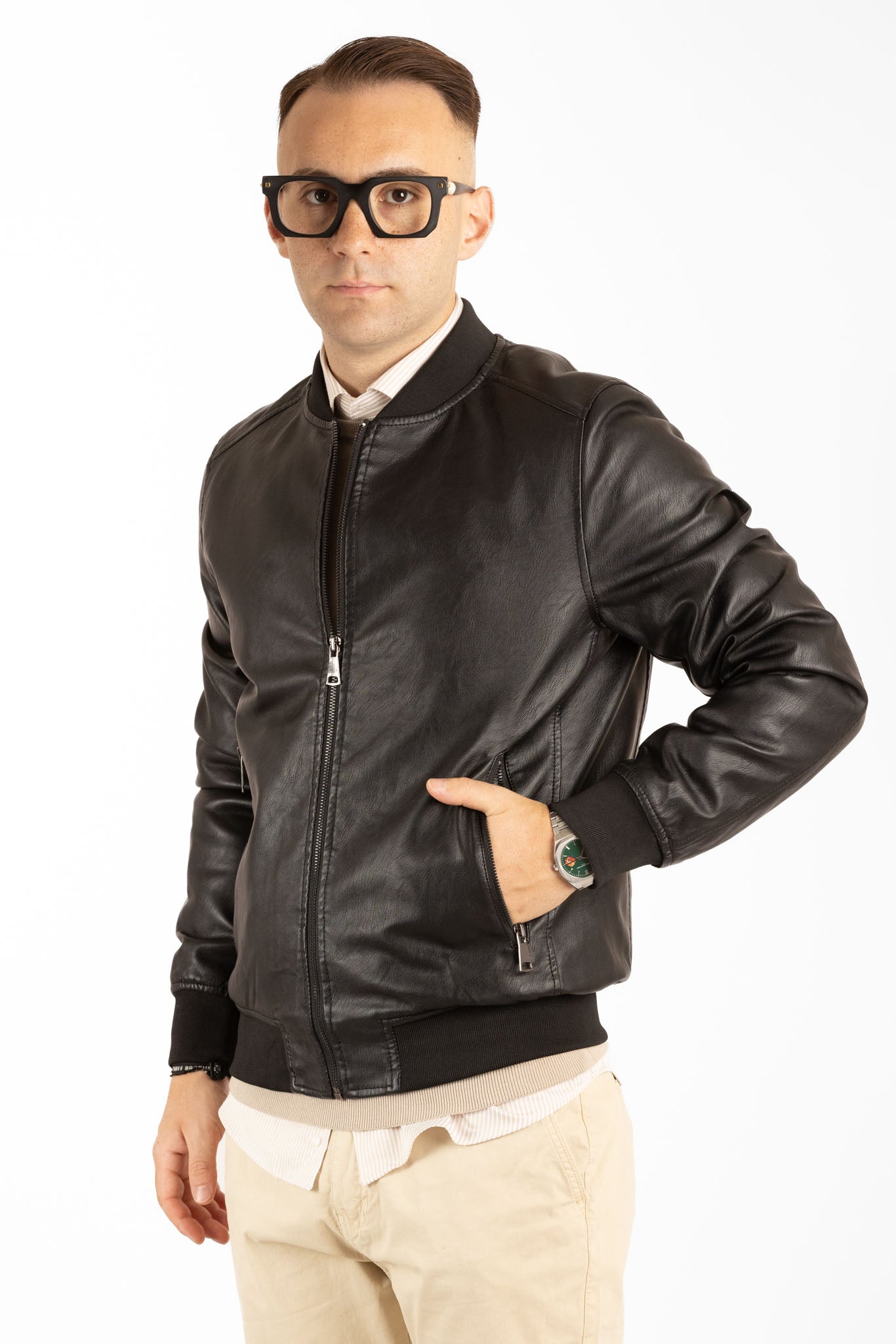 Padded College Leather-Like Bomber Jacket | Black