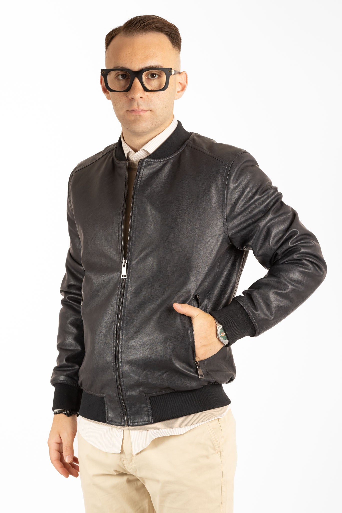 Padded College Leather-Like Bomber Jacket | Blue