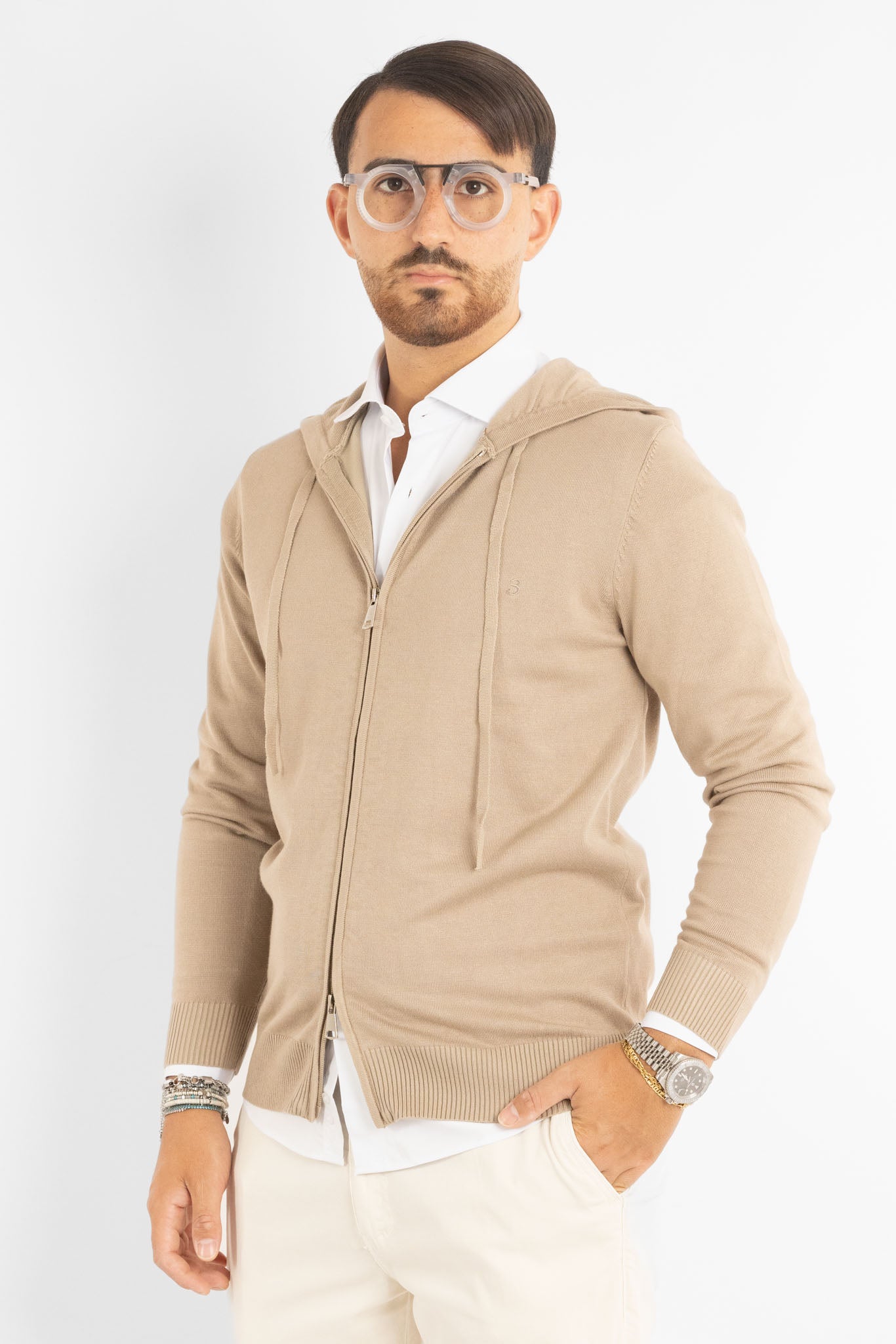 Cardigan Basic Zip e Cappuccio | Beige
