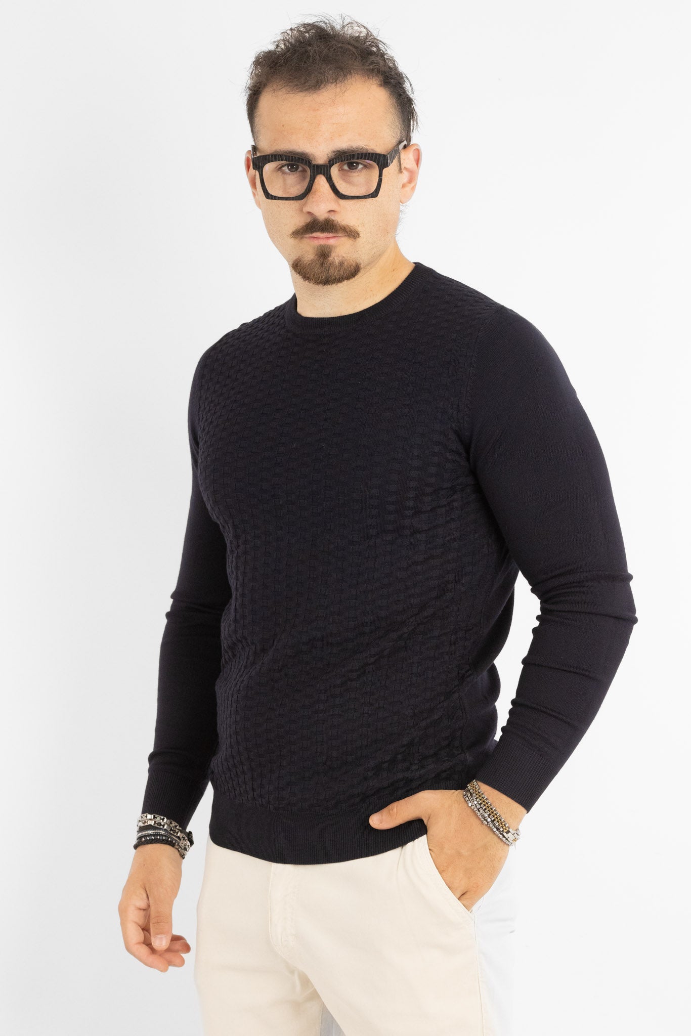 Pullover Girocollo Tramato Slim | 2 per €40 | Blu