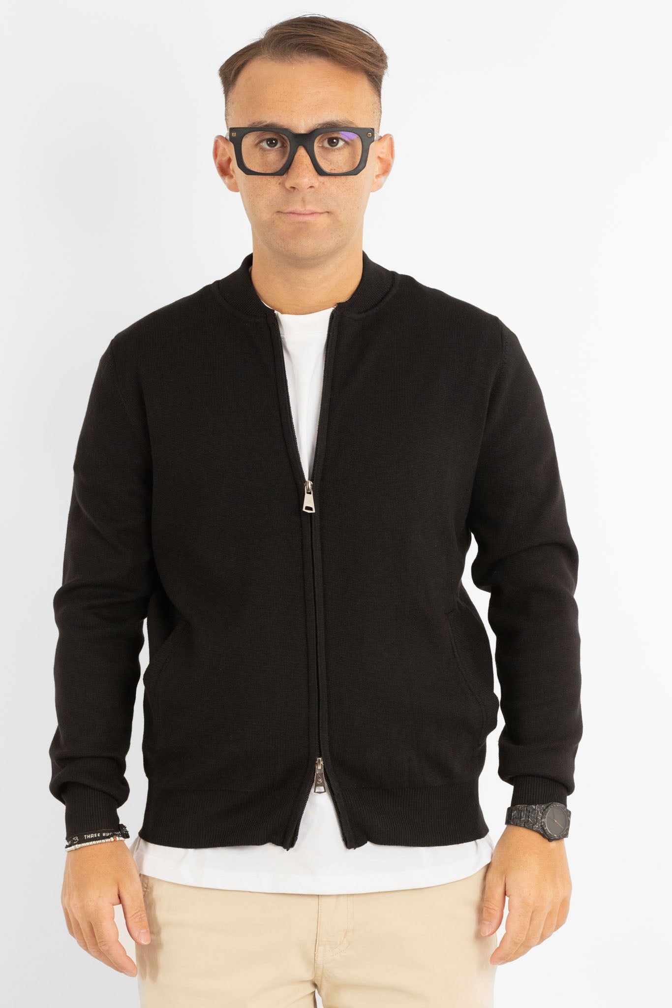 Cardigan con Zip e Collo Baseball | Nero