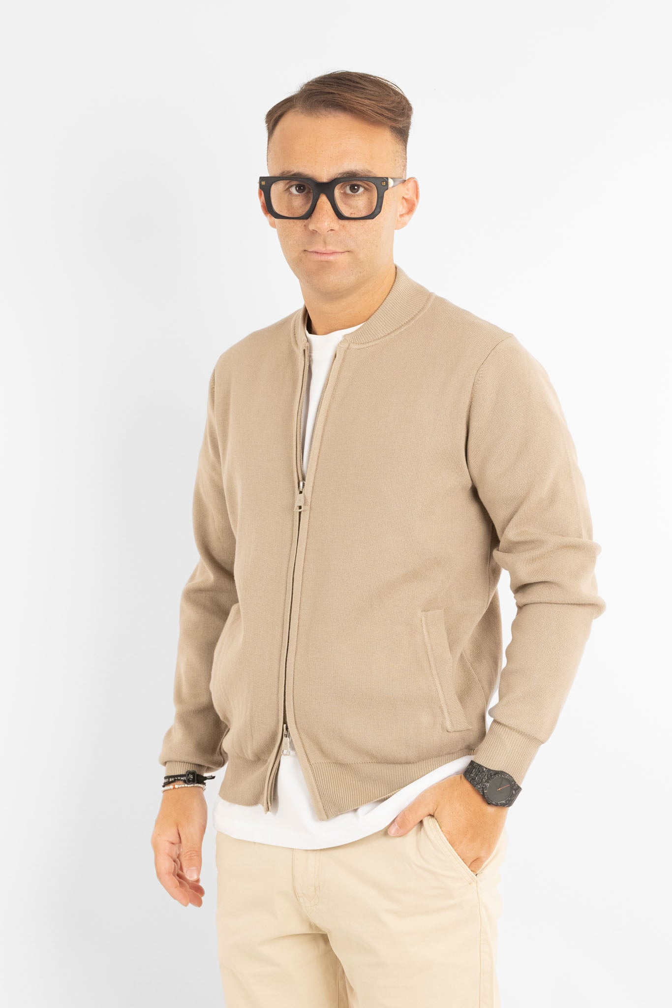 Cardigan con Zip e Collo Baseball | Beige