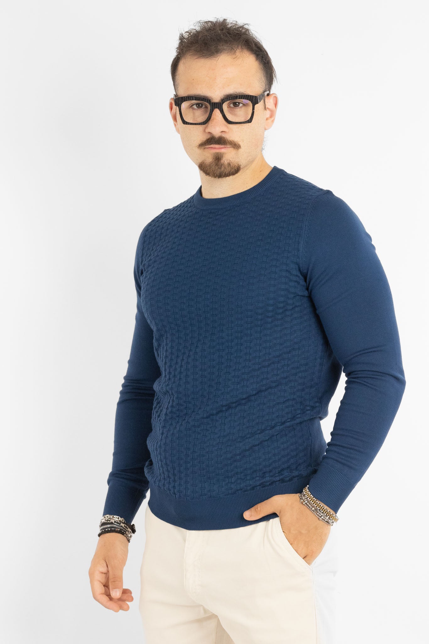 Pullover Girocollo Tramato Slim | 2 per €40 | Denim