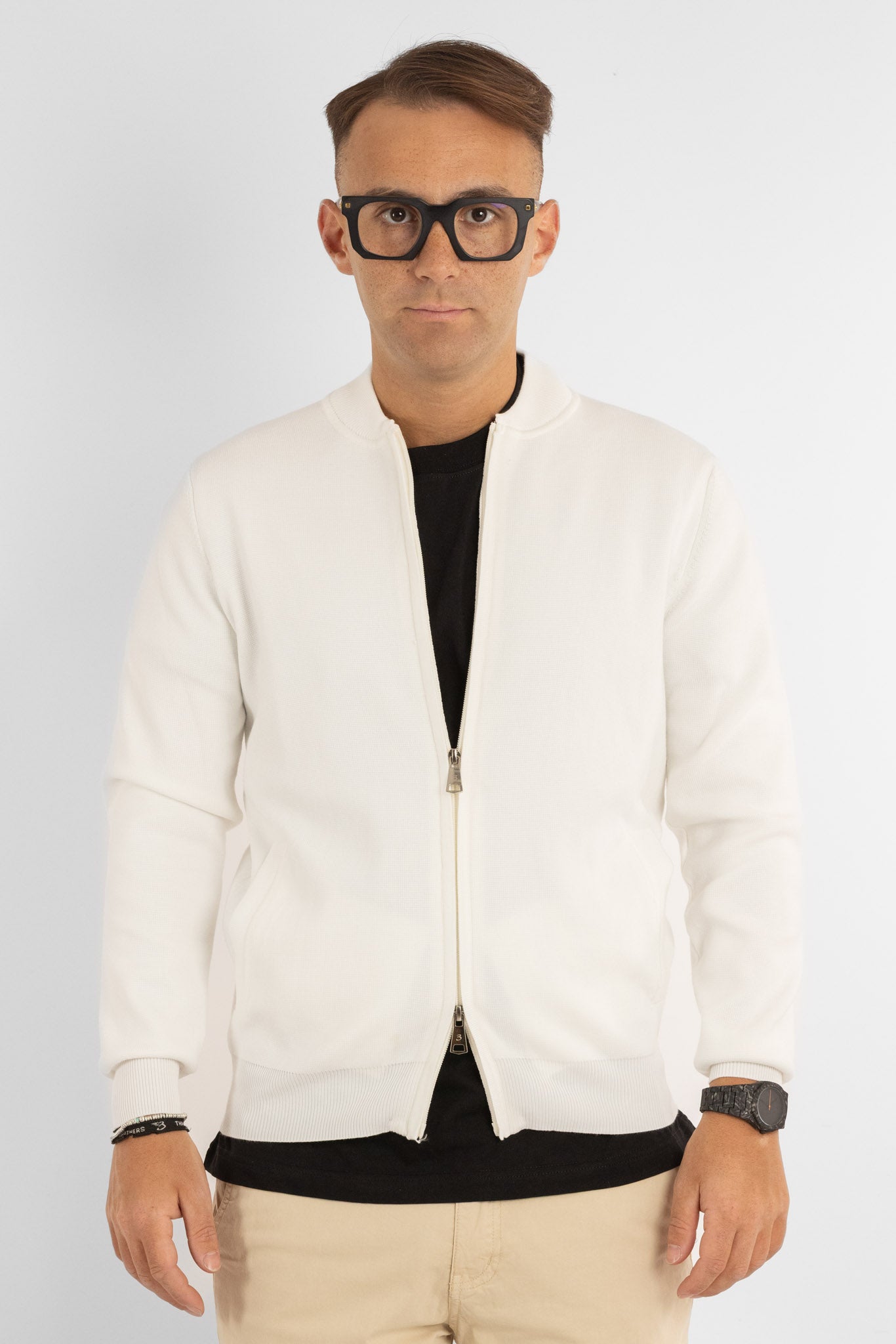 Cardigan con Zip e Collo Baseball | Bianco