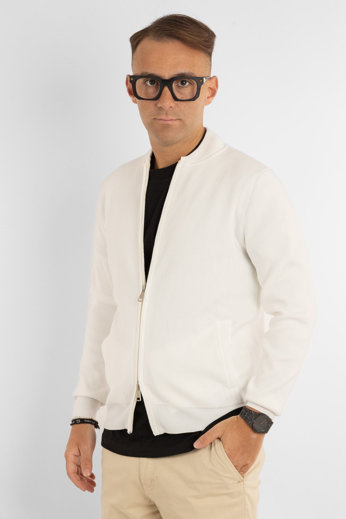 Cardigan con Zip e Collo Baseball | Bianco