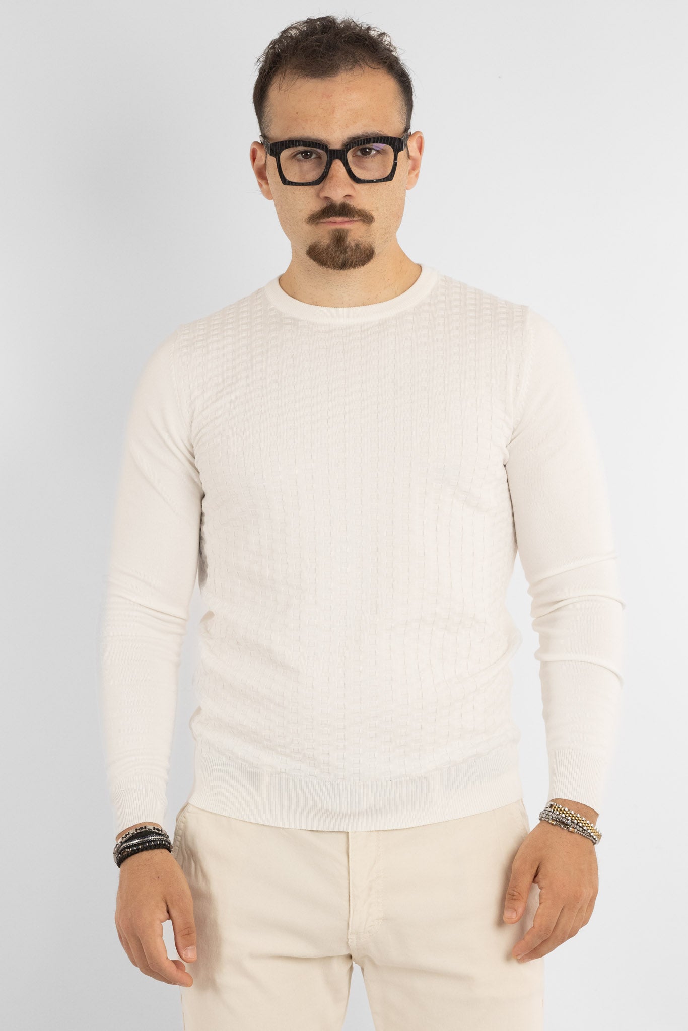 Pullover Girocollo Tramato Slim | 2 per €40 | Bianco