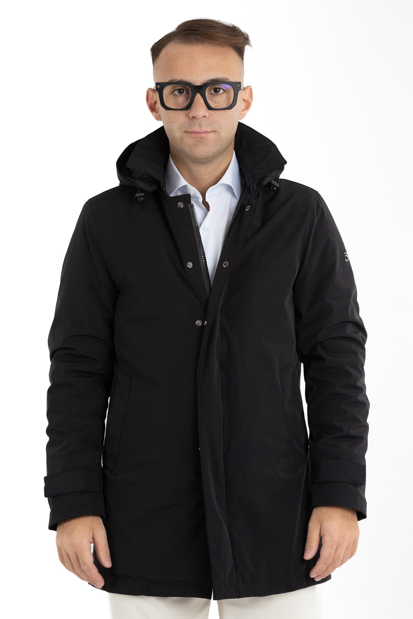 Padded Technical Fabric Trench Coat with Detachable Hood | Black