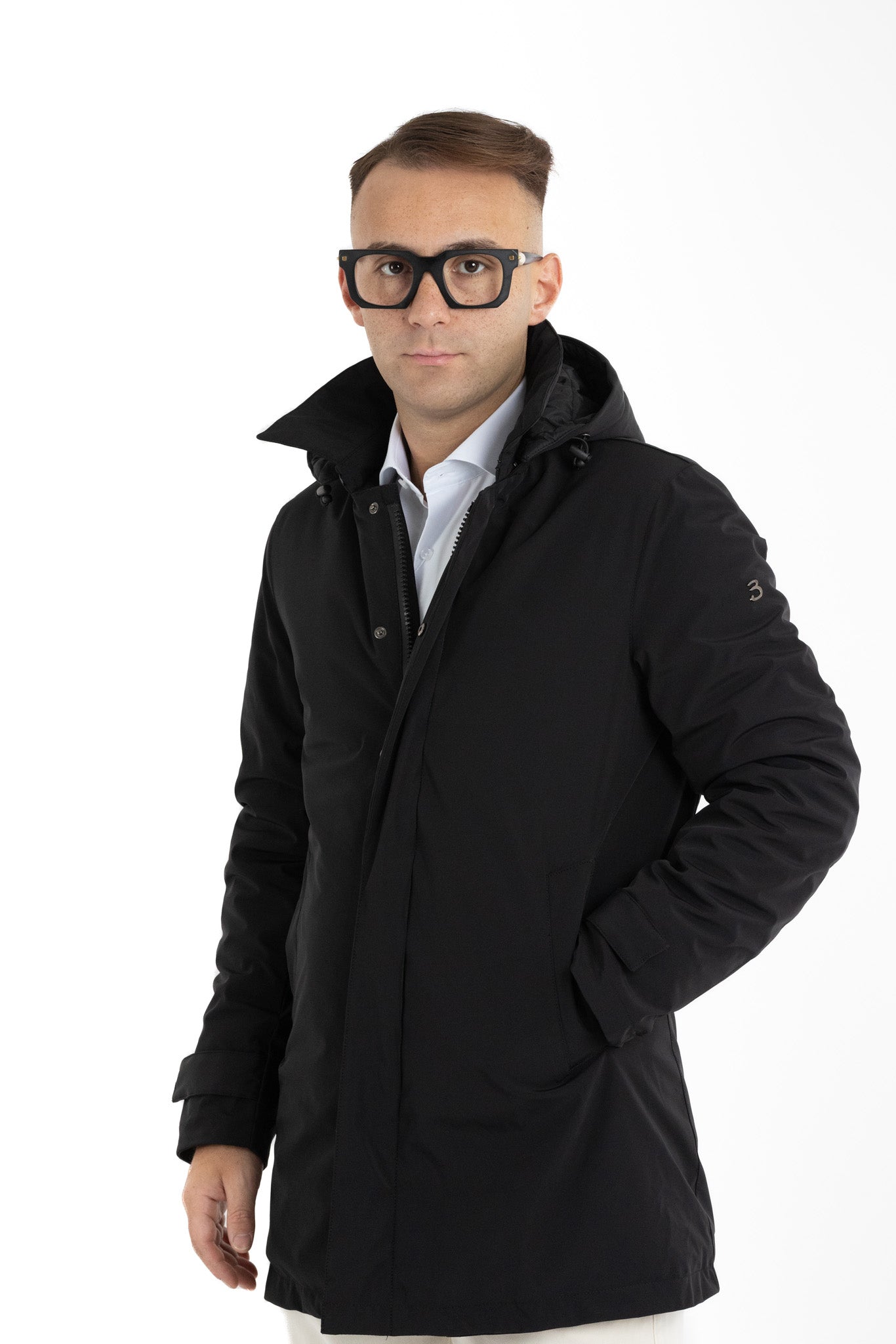 Padded Technical Fabric Trench Coat with Detachable Hood | Black