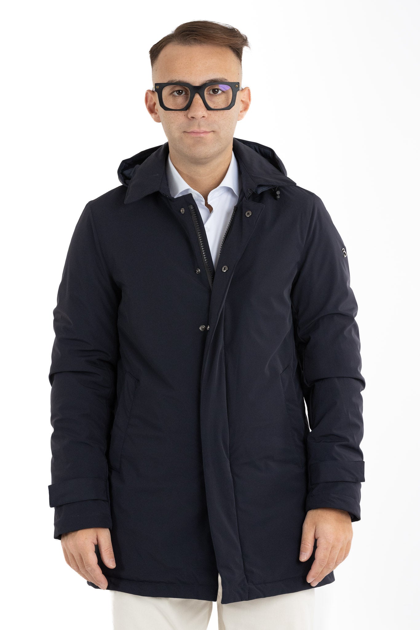 Padded Technical Fabric Trench Coat with Detachable Hood | Blue