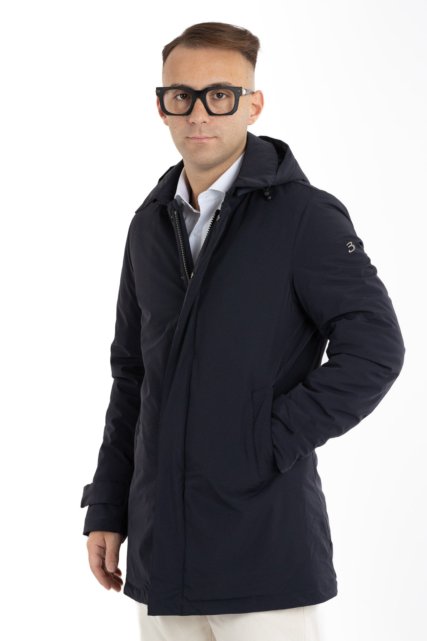 Padded Technical Fabric Trench Coat with Detachable Hood | Blue