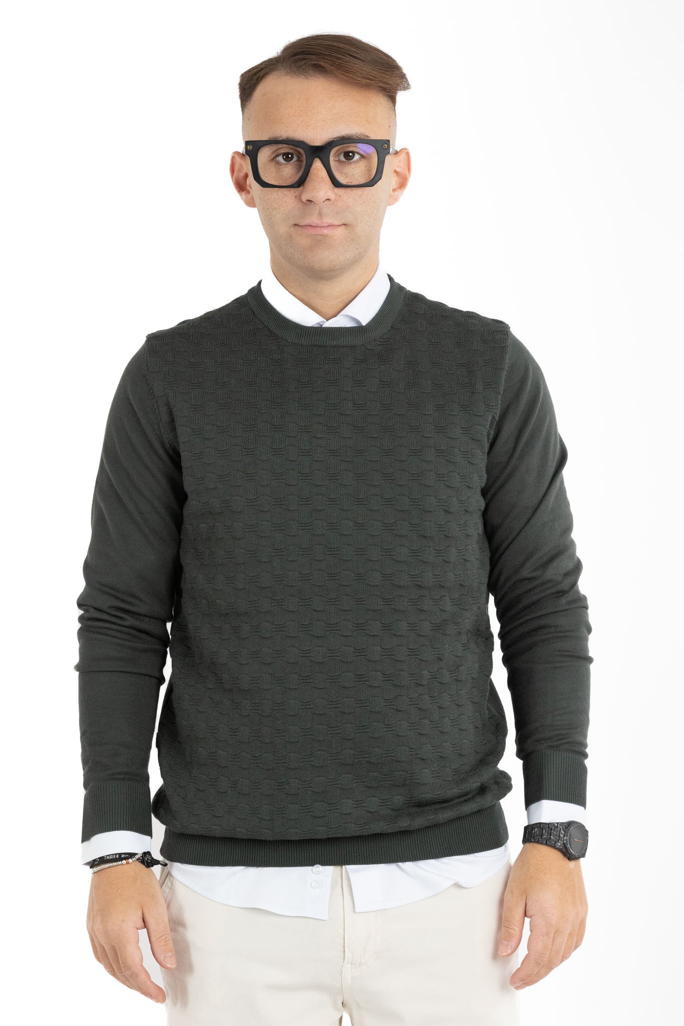 Pullover Girocollo Trama Ovale Slim | 2 per €40 | Verde Militare