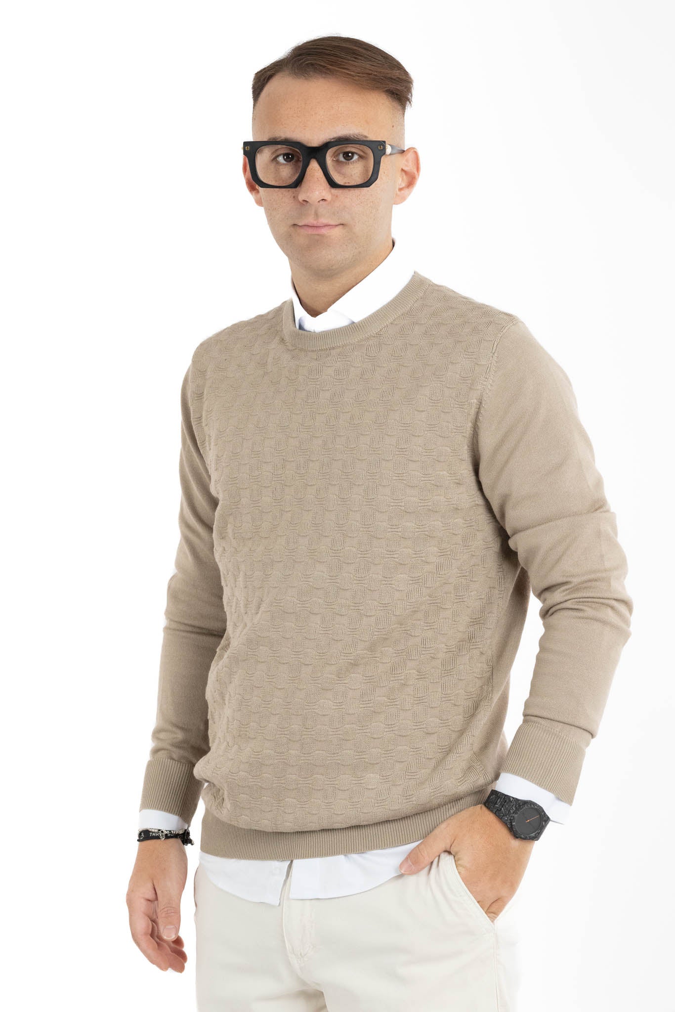 Pullover Girocollo Trama Ovale Slim | 2 per €40 | Beige