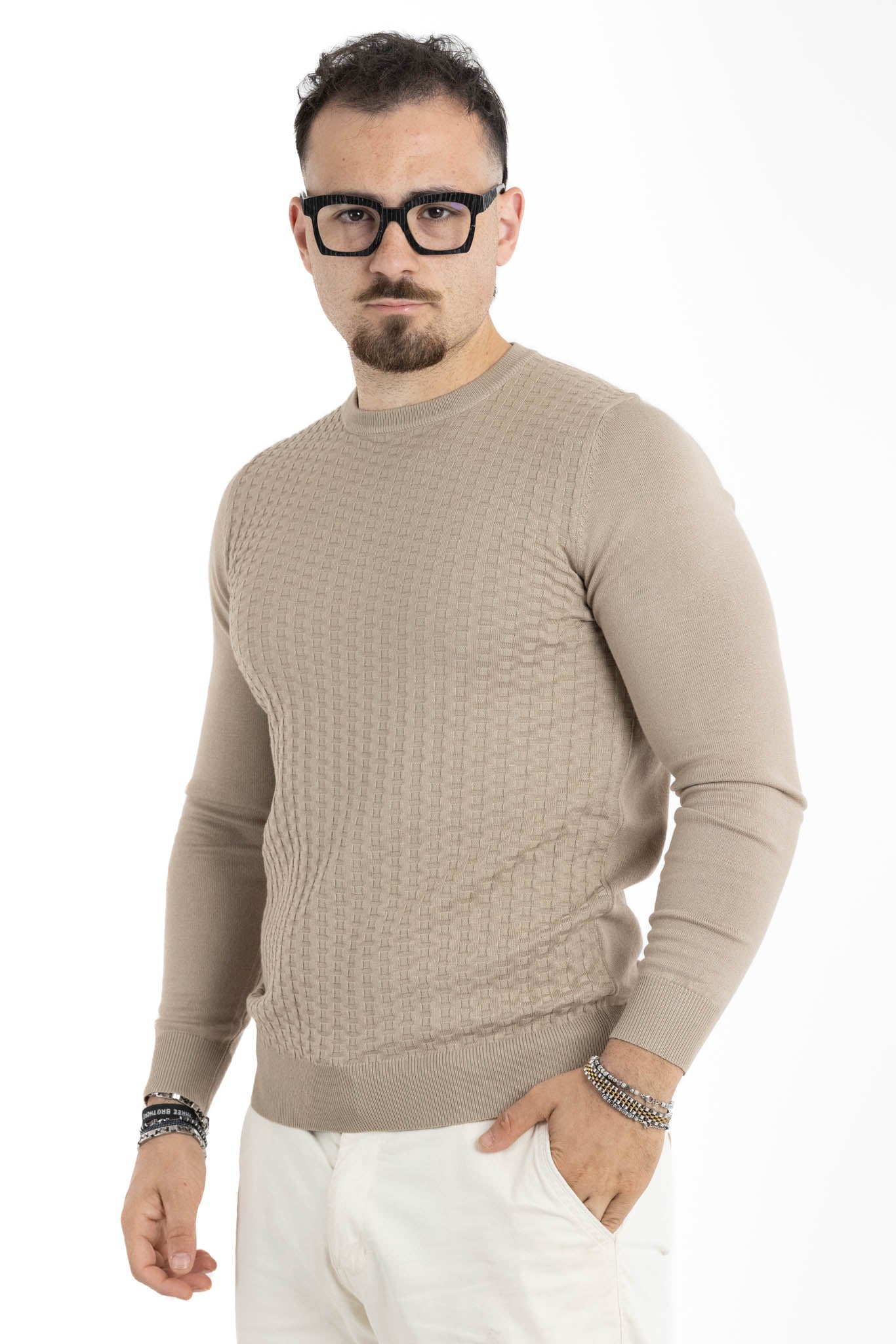 Pullover Girocollo Tramato Slim | 2 per €40 | Beige