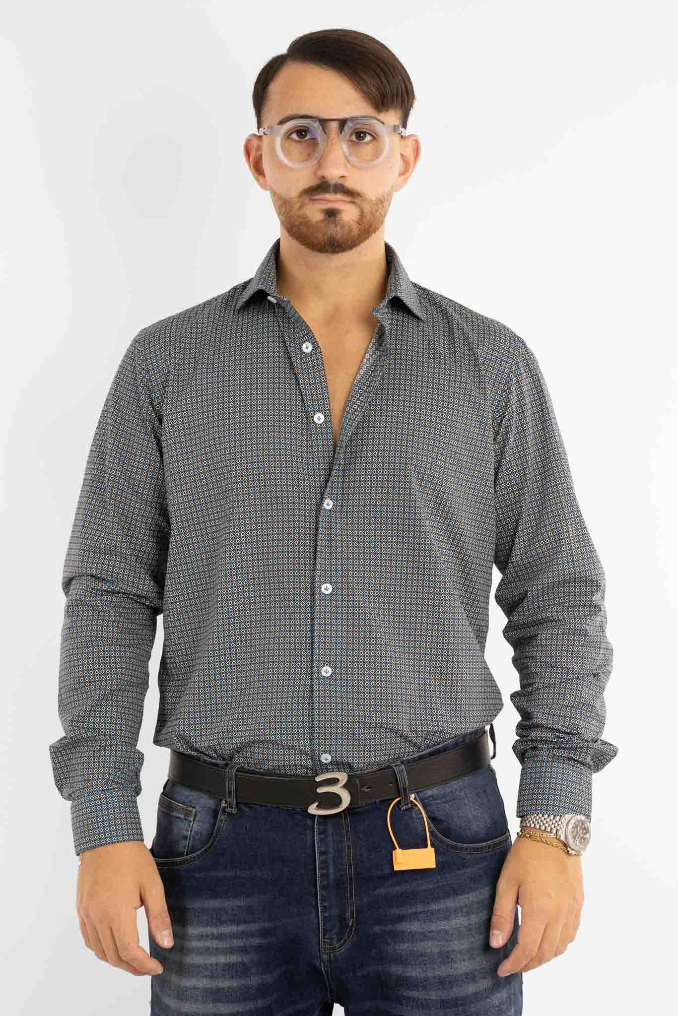 Camicia in Cotone Semi Slim Fantasia | Blu Avion e Beige 07