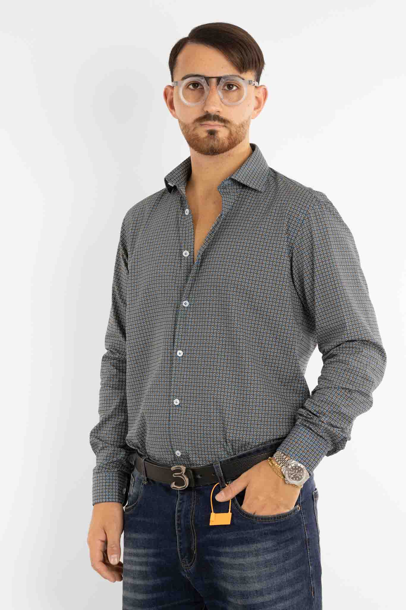 Camicia in Cotone Semi Slim Fantasia | Blu Avion e Beige 07