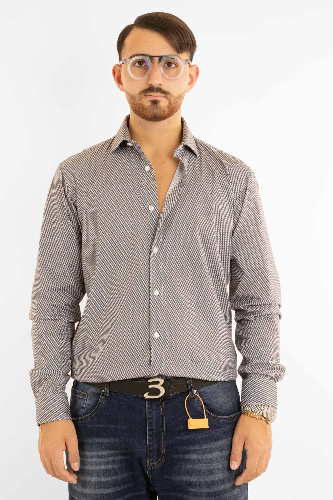 Camicia in Cotone Semi Slim Fantasia | Multi Biege Blu 01