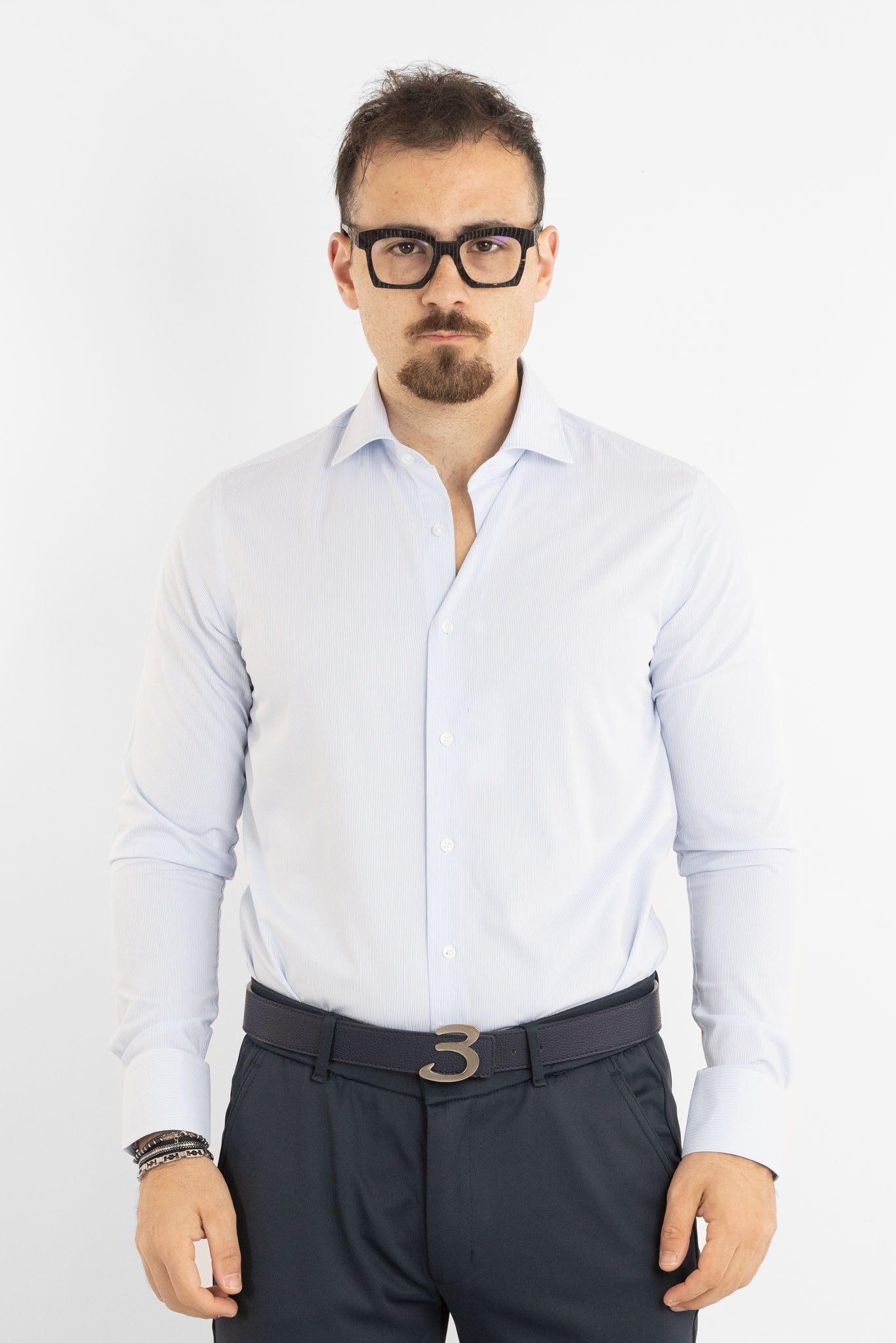 Slim Fit Double Twist Non-Iron Shirt with Narrow Stripe 8261 | Light Blue