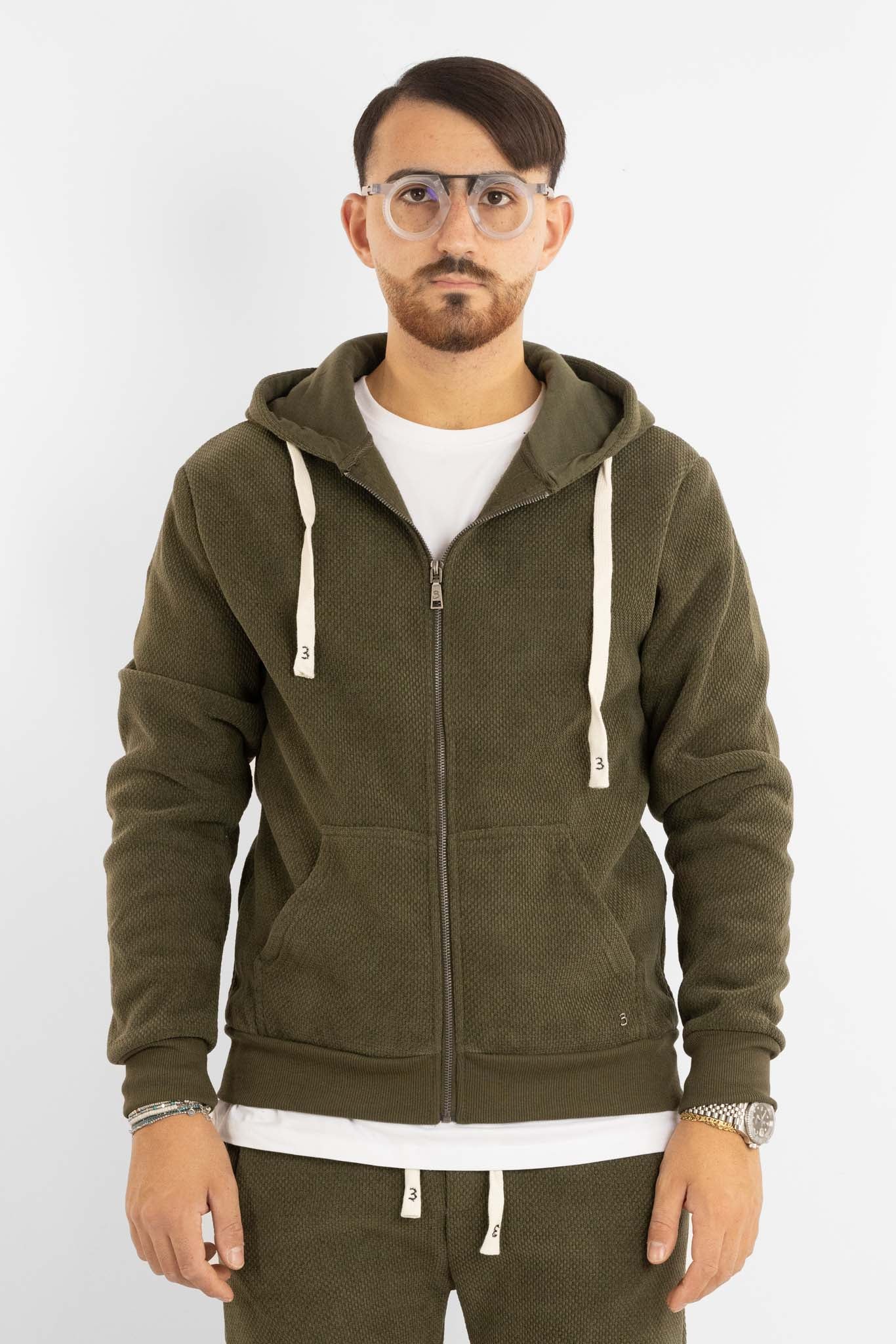 Felpa Ciniglia Felpata con Zip e Cappuccio | Verde Militare