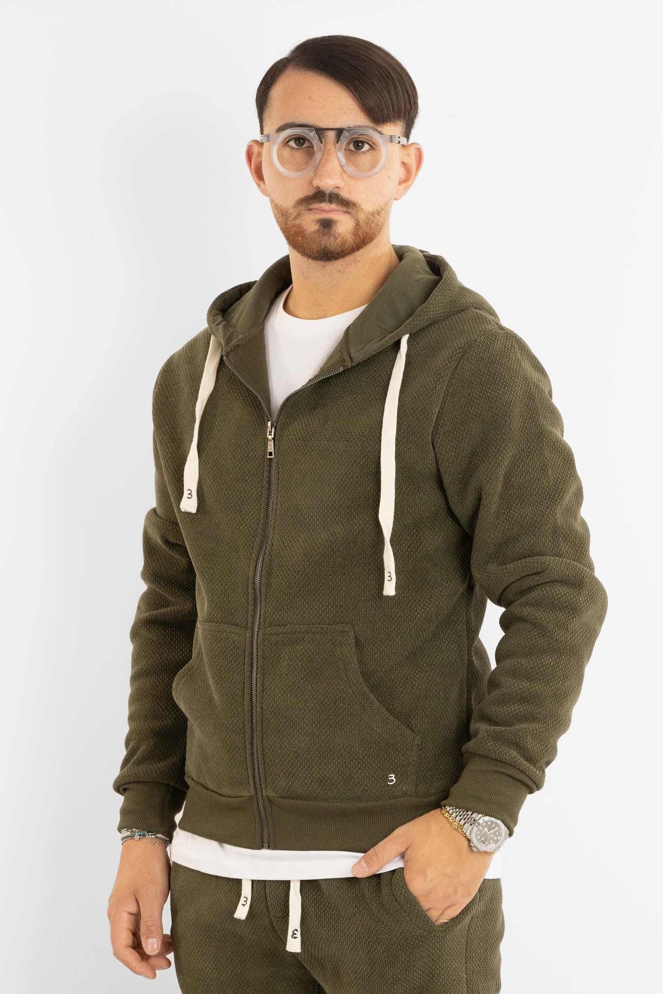 Felpa Ciniglia Felpata con Zip e Cappuccio | Verde Militare