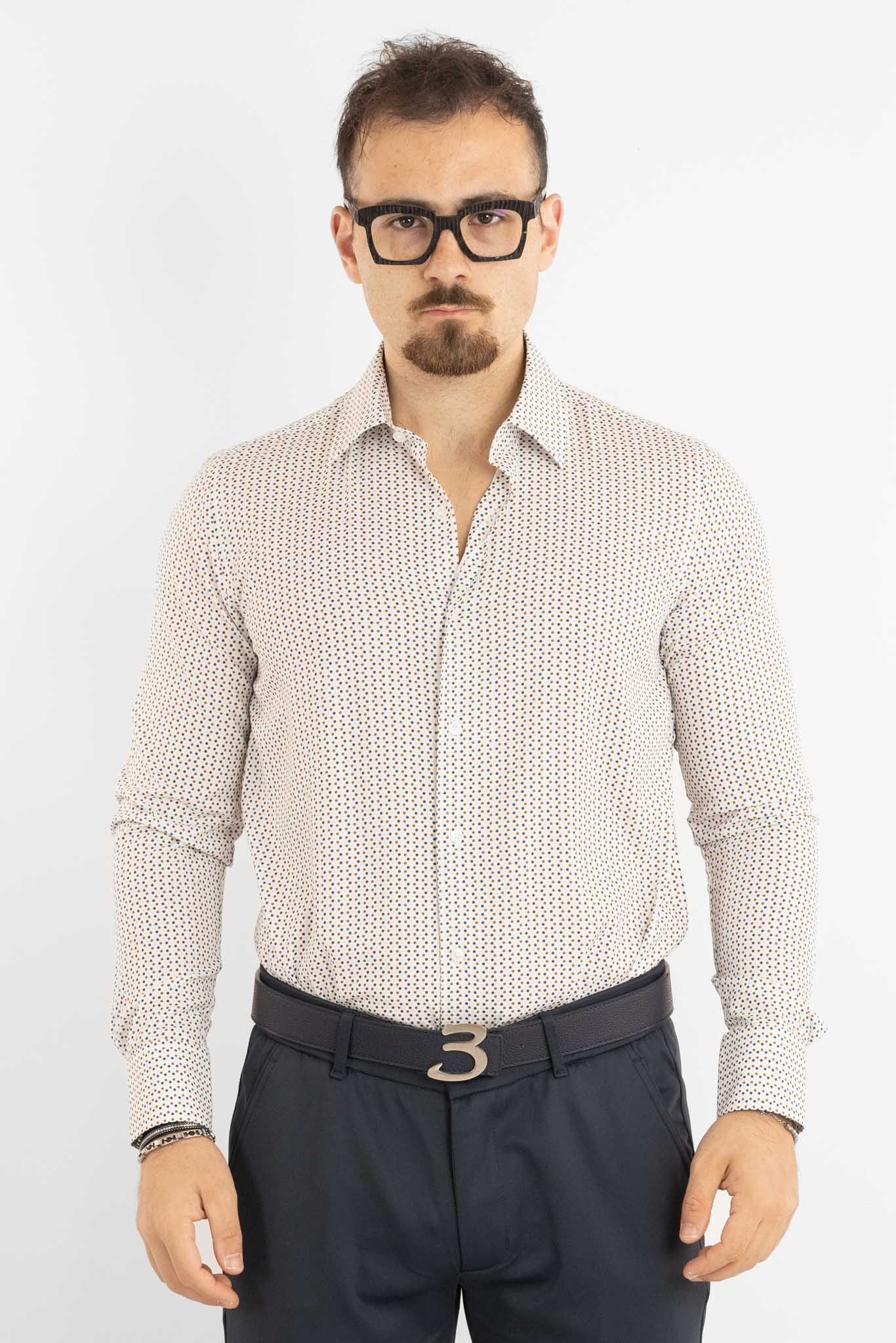 Active Non-Iron Slim Fit Shirt with Blue and Brown Polka Dots | Y18