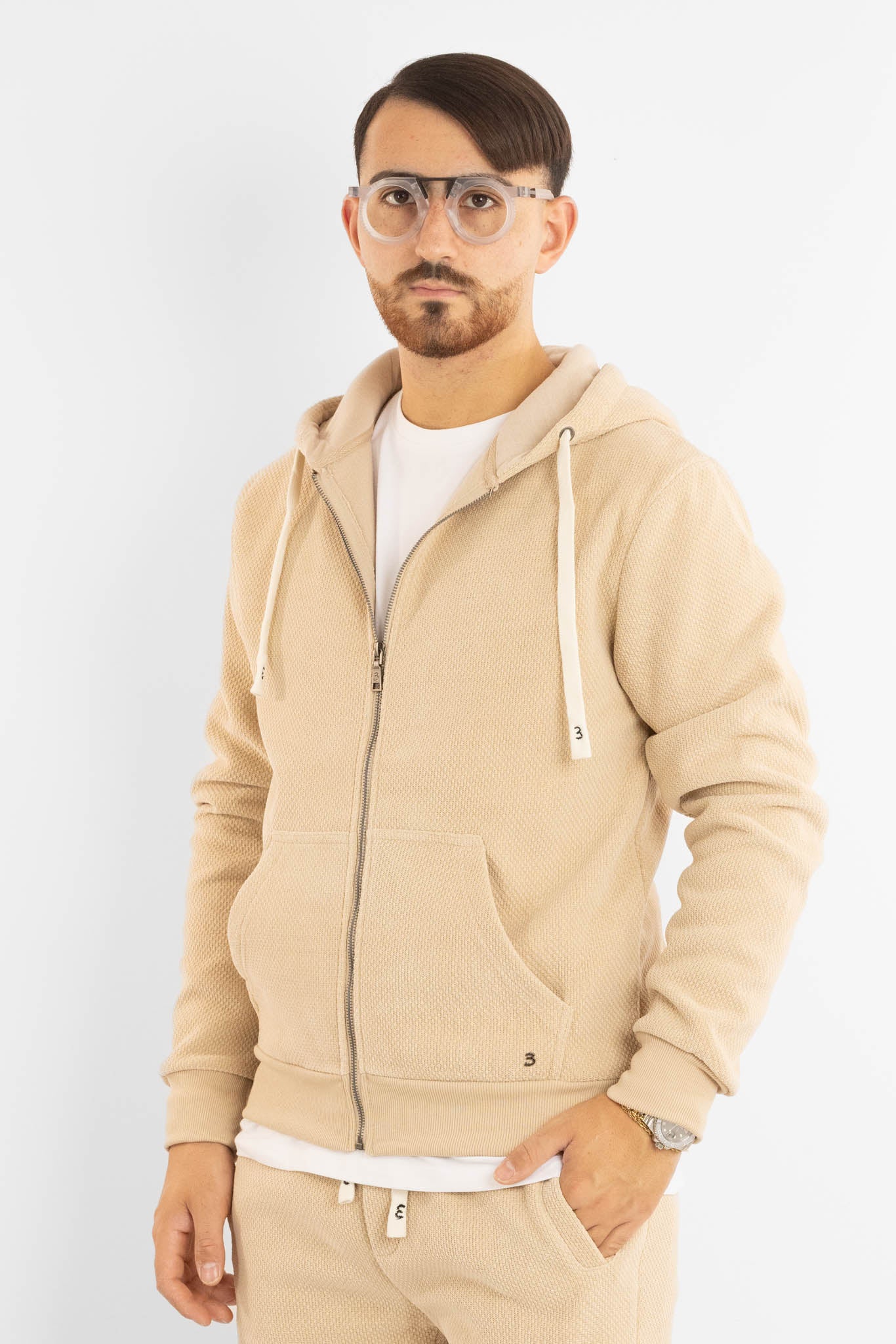 Felpa Ciniglia Felpata con Zip e Cappuccio | Kaki