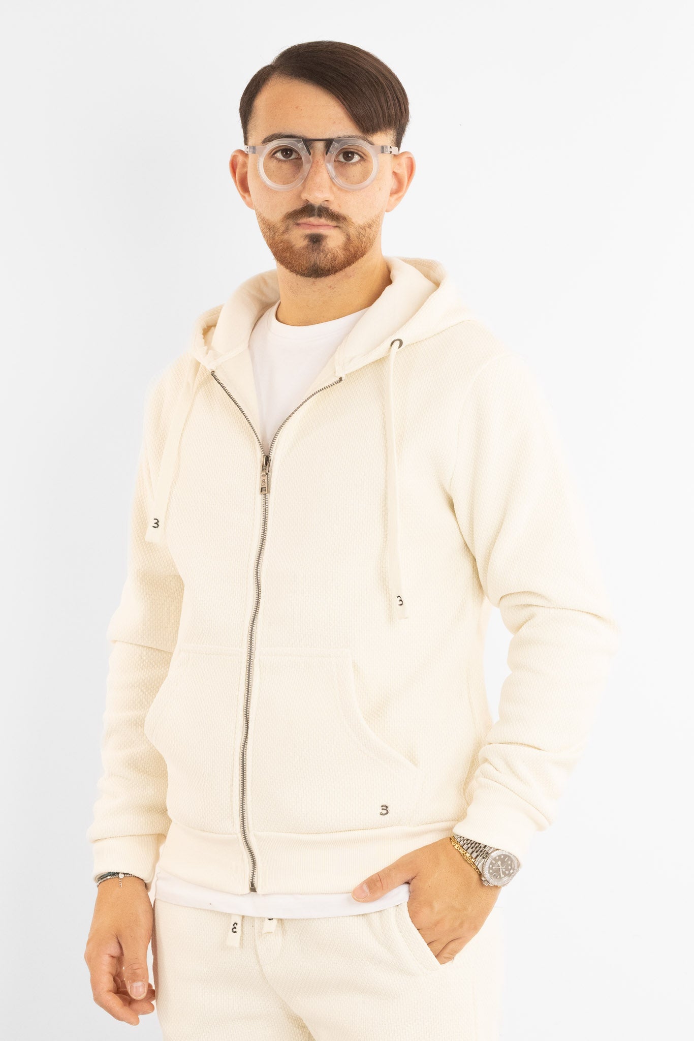 Felpa Ciniglia Felpata con Zip e Cappuccio | Crema