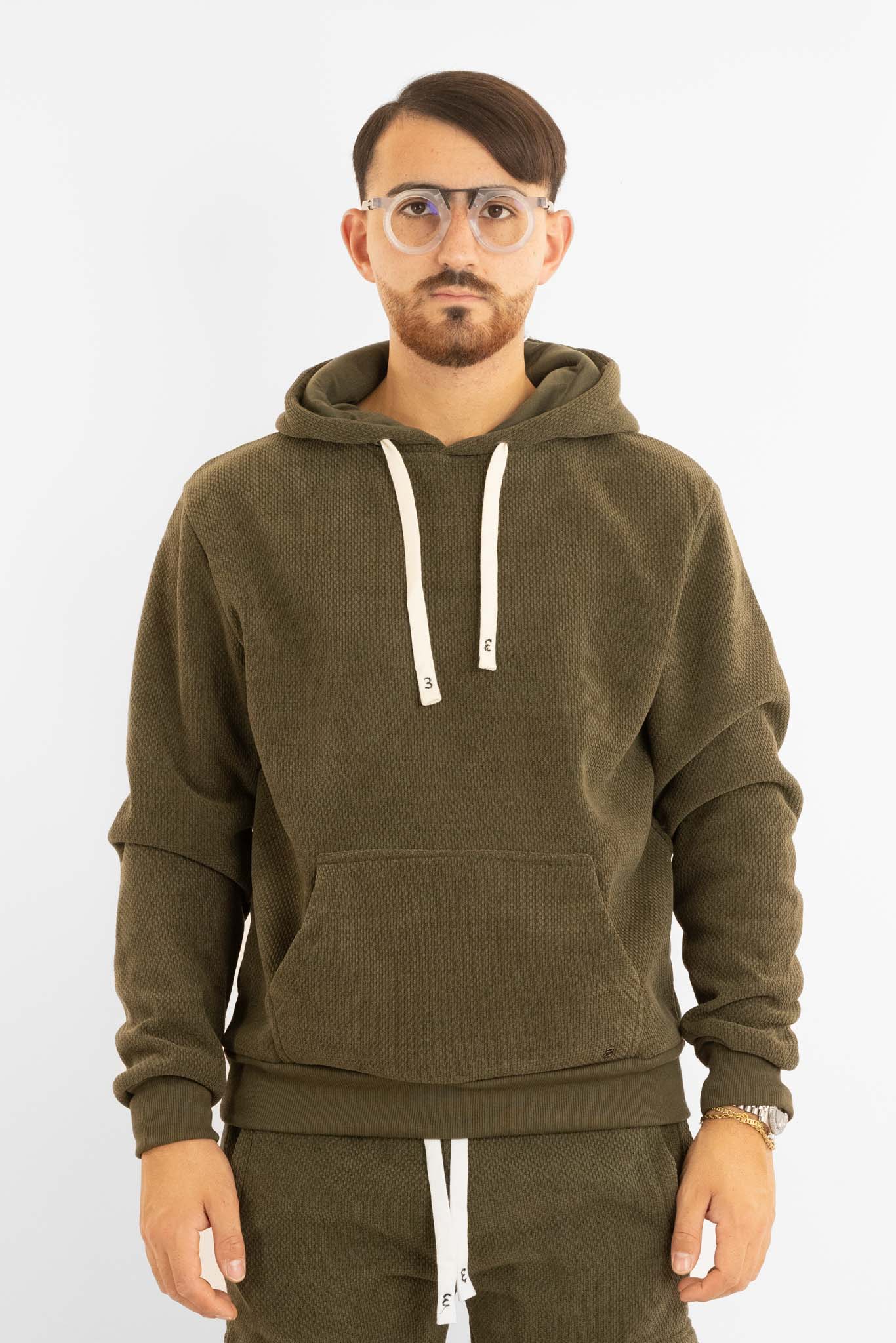 Felpa Ciniglia Felpata Chiusa con Cappuccio | Verde Militare