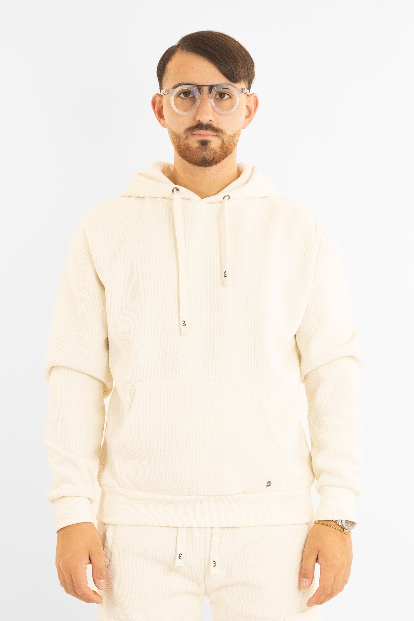 Felpa Ciniglia Felpata Chiusa con Cappuccio | Crema