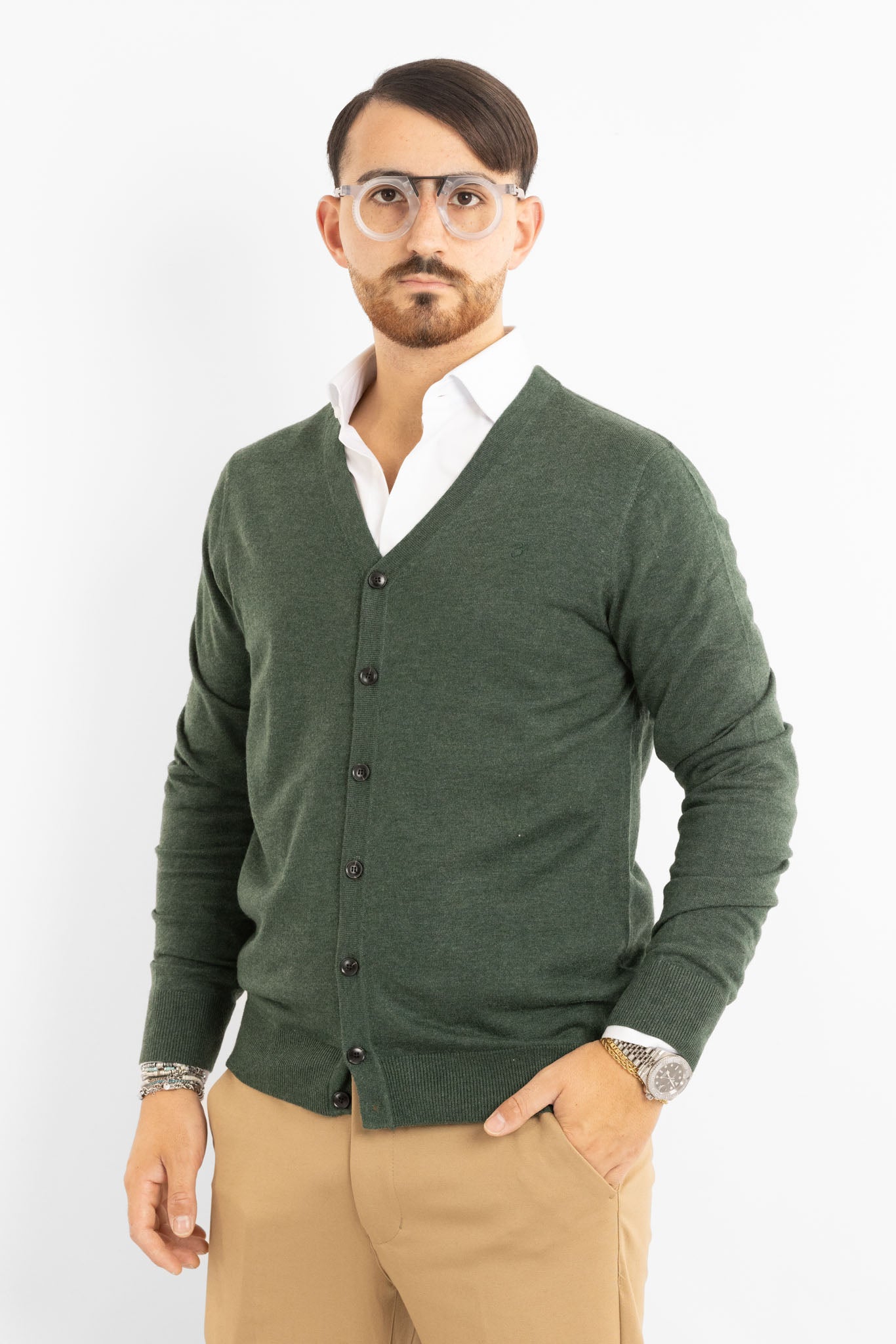 V-Neck Button-Up Cardigan in Wool Blend 817 | 2 for €50 | Green