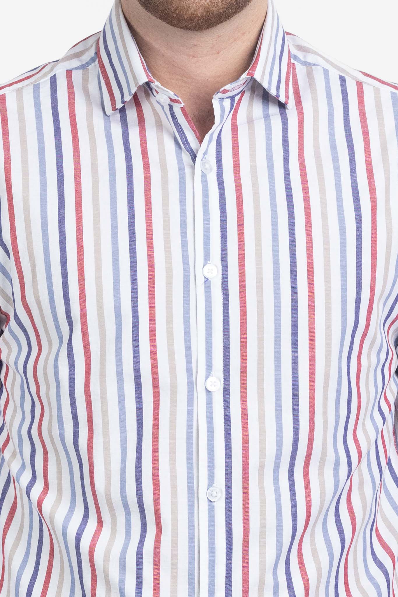 Camicia Riga Larga Tessuto Effetto Lino Slim | Blu e Rosso