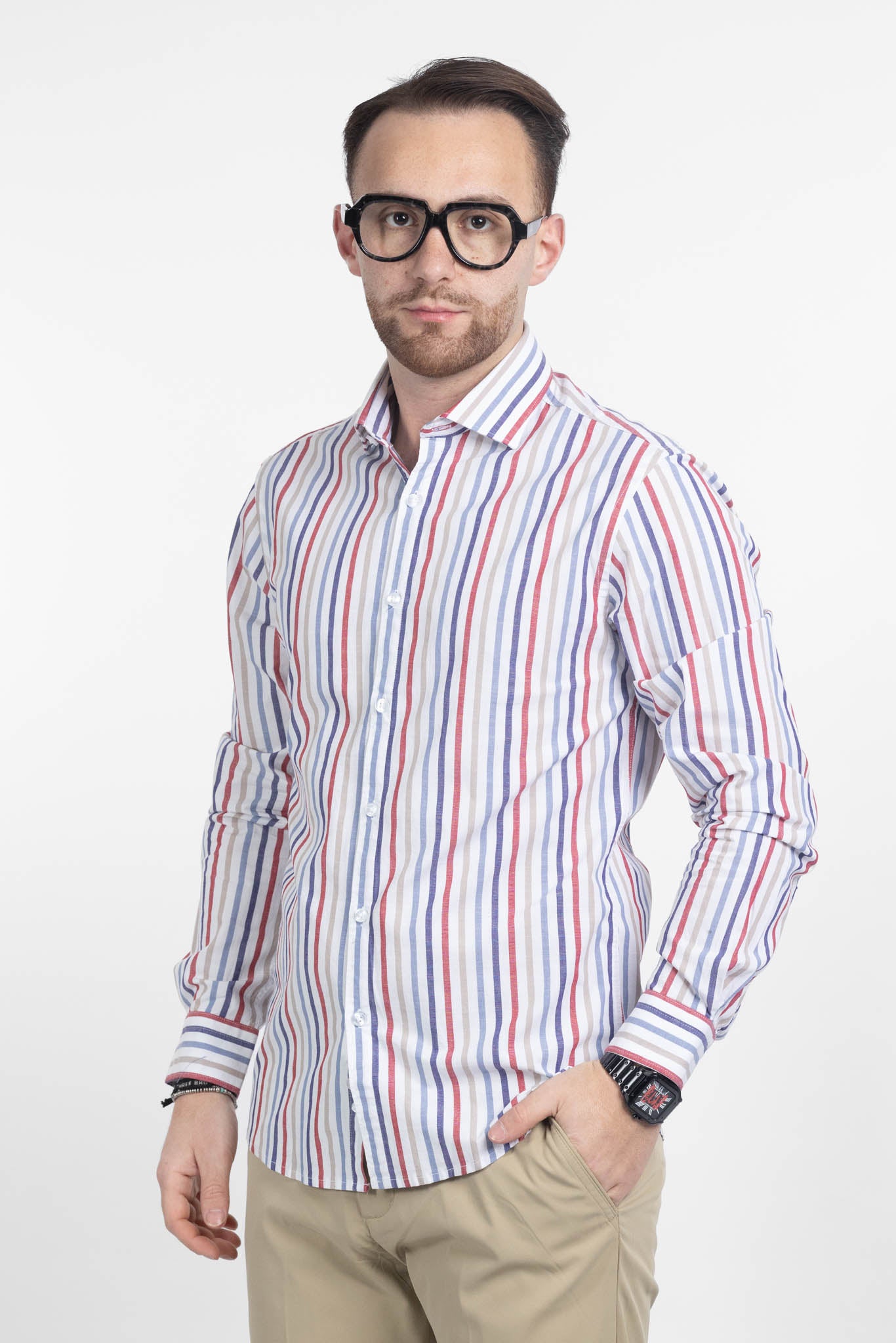 Camicia Riga Larga Tessuto Effetto Lino Slim | Blu e Rosso