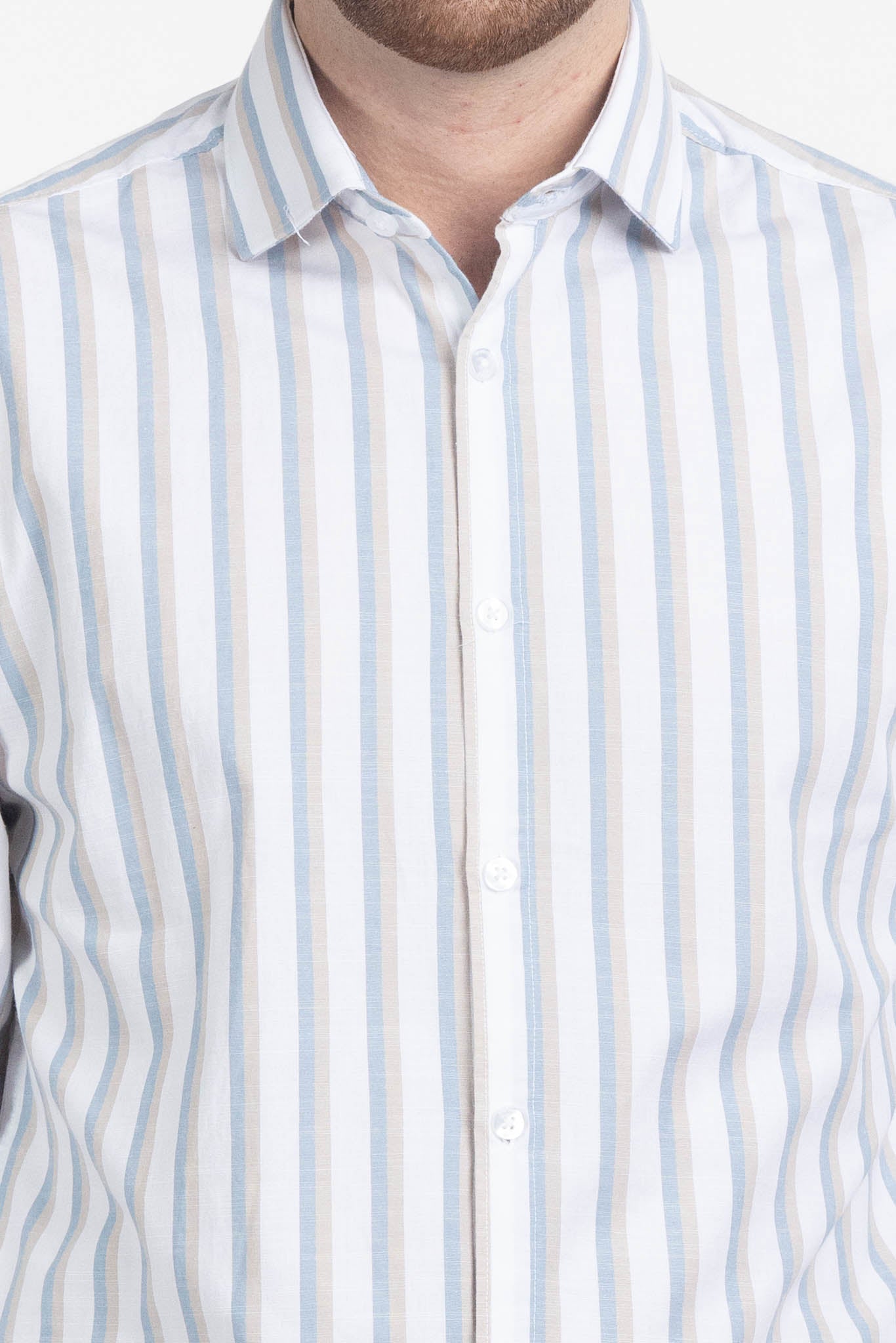 Camicia Riga Larga Tessuto Effetto Lino Slim | Celeste e Beige