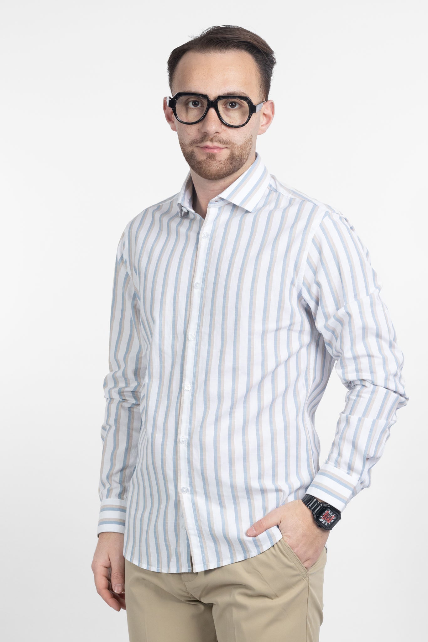 Camicia Riga Larga Tessuto Effetto Lino Slim | Celeste e Beige