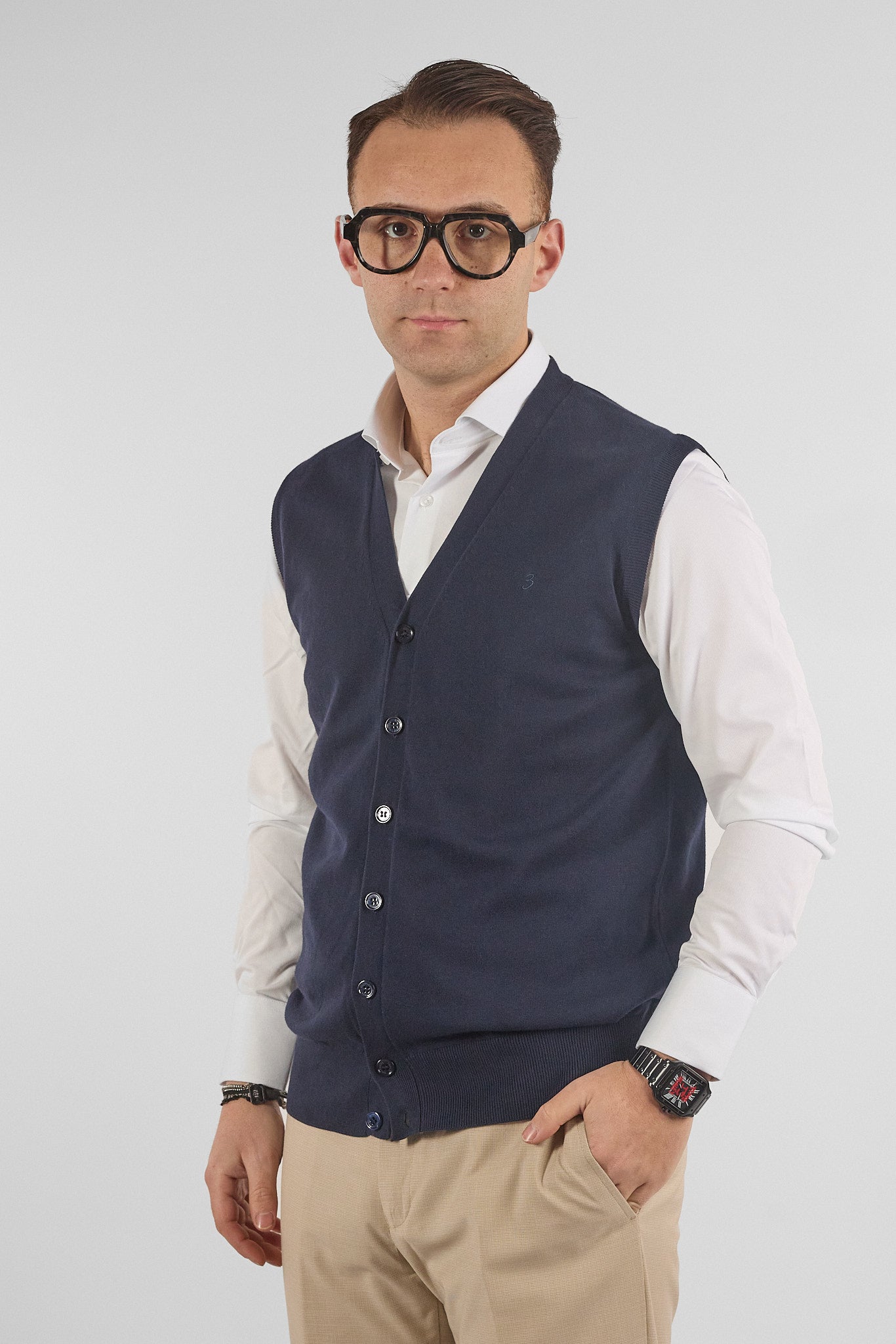 Gilet a V con Bottoni Basic di Cotone 1109 | 2 per €50 | Blu 20