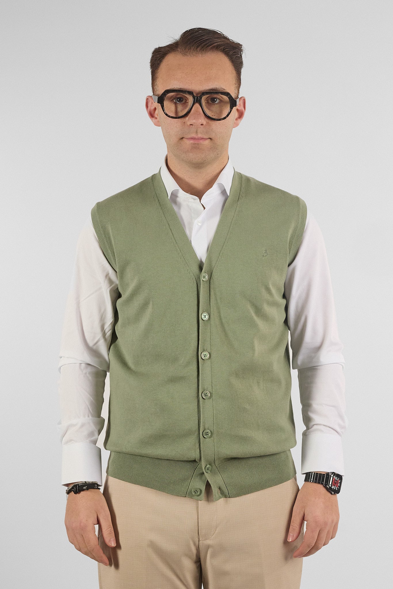 Gilet a V con Bottoni Basic di Cotone 1109 | 2 per €50 | Verde 12
