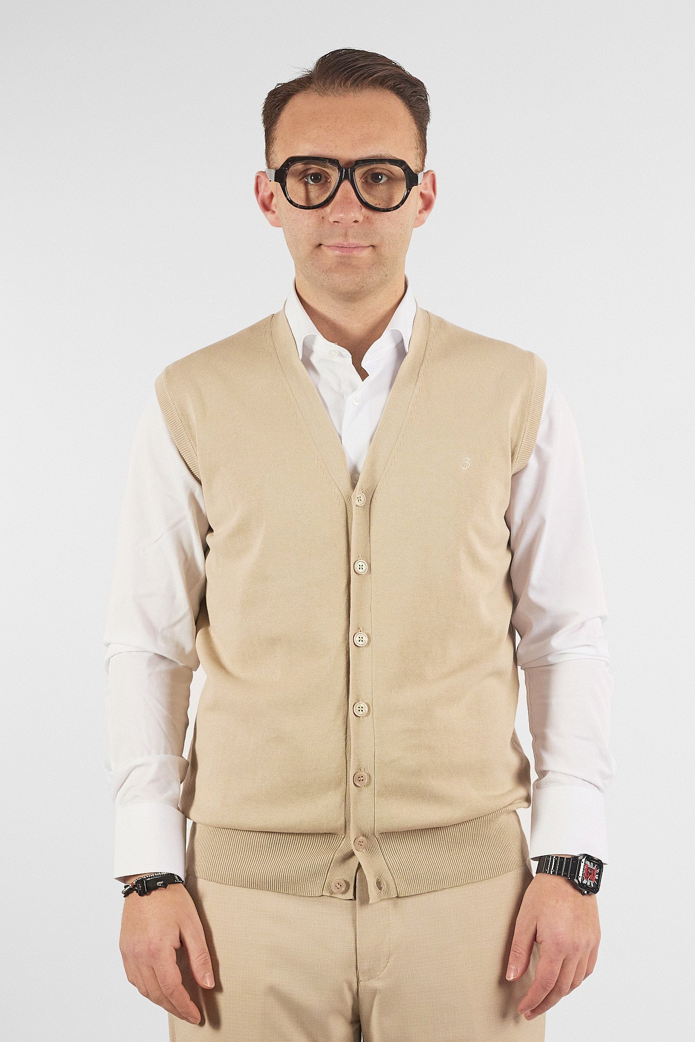 Gilet a V con Bottoni Basic di Cotone 1109 | 2 per €50 | Biege 45