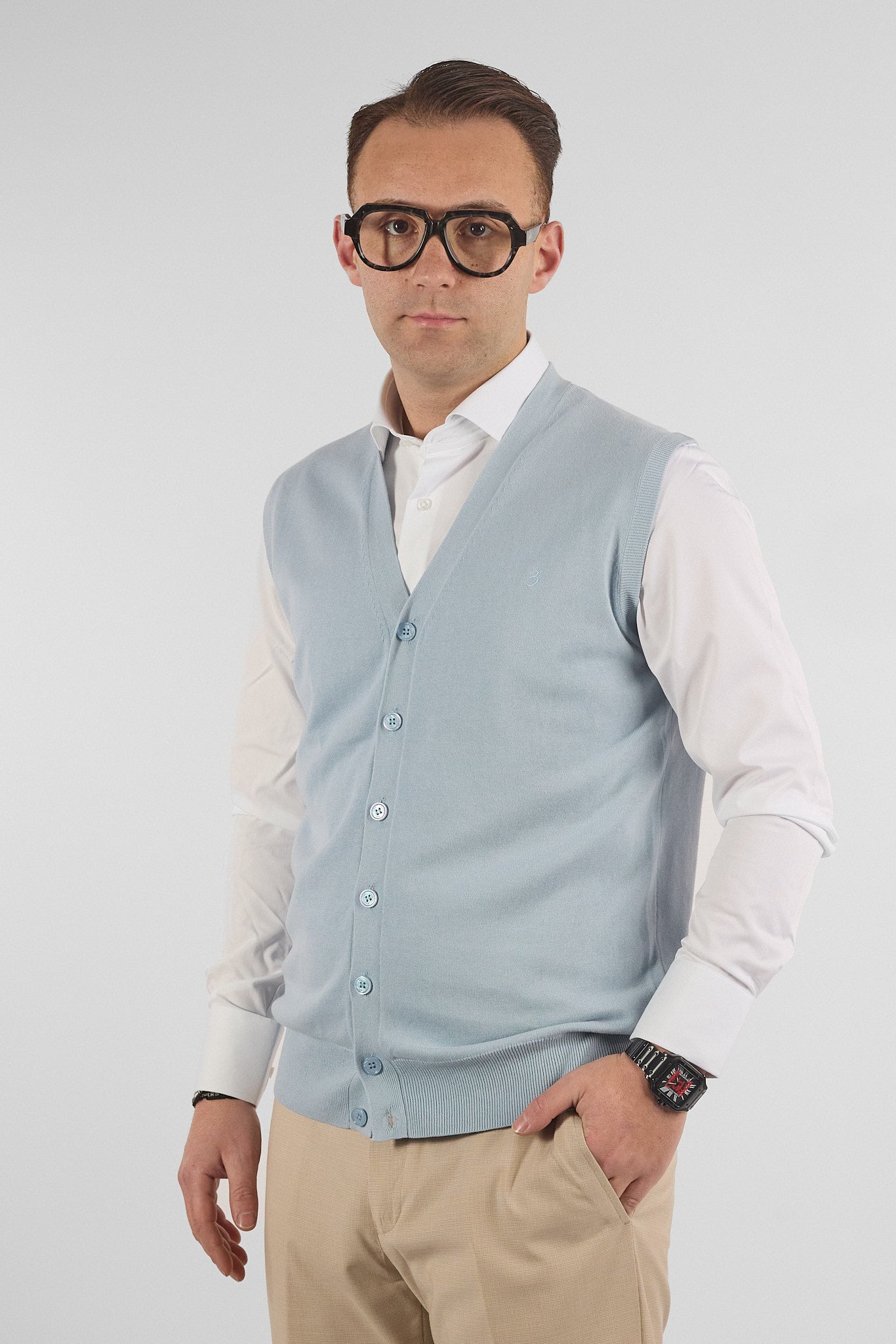 Gilet a V con Bottoni Basic di Cotone 1109 | 2 per €50 | Celeste 16