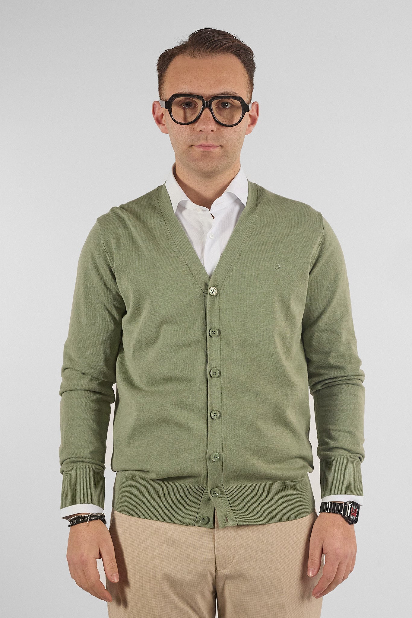 Cardigan a V con Bottoni Basic di Cotone 1107 | 2 per €50 | Verde 12