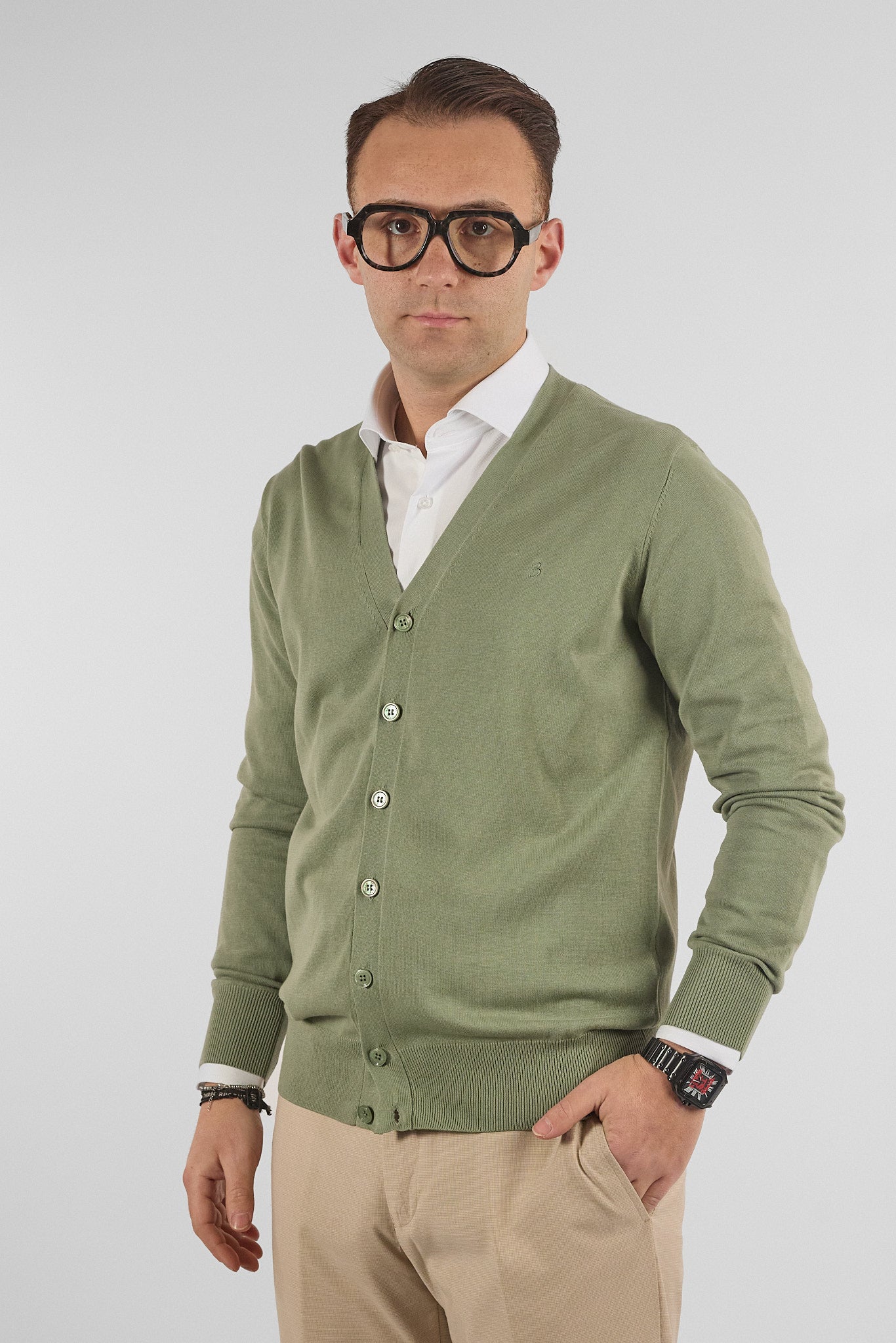 Cardigan a V con Bottoni Basic di Cotone 1107 | 2 per €50 | Verde 12