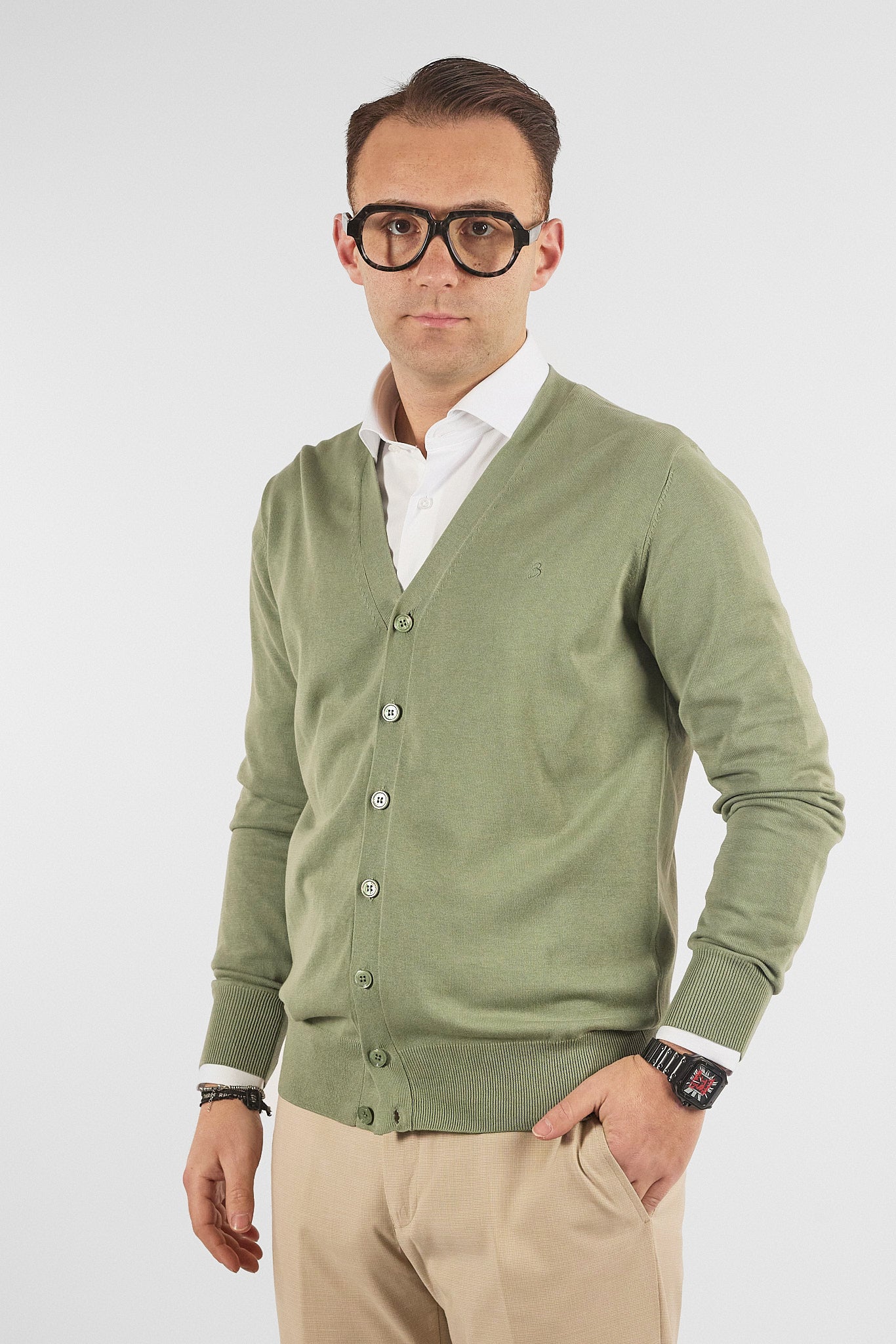 Cardigan a V con Bottoni Basic di Cotone 1107 | 2 per €50 | Verde 12