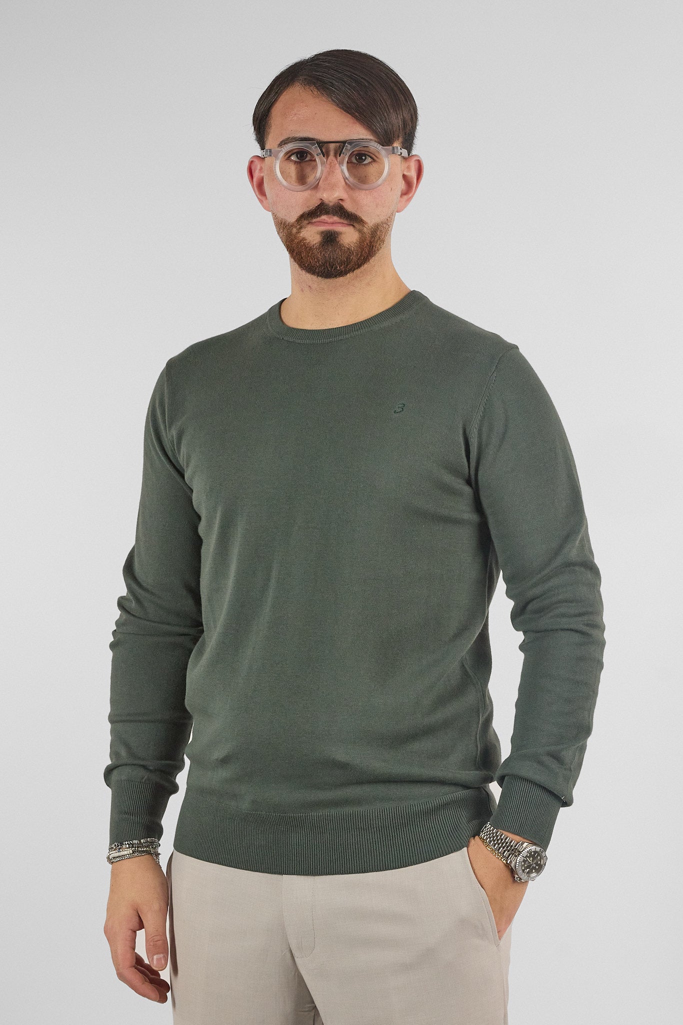Pullover Girocollo Basic Cotone 110 | 2 per €50 | Verde Scuro 32