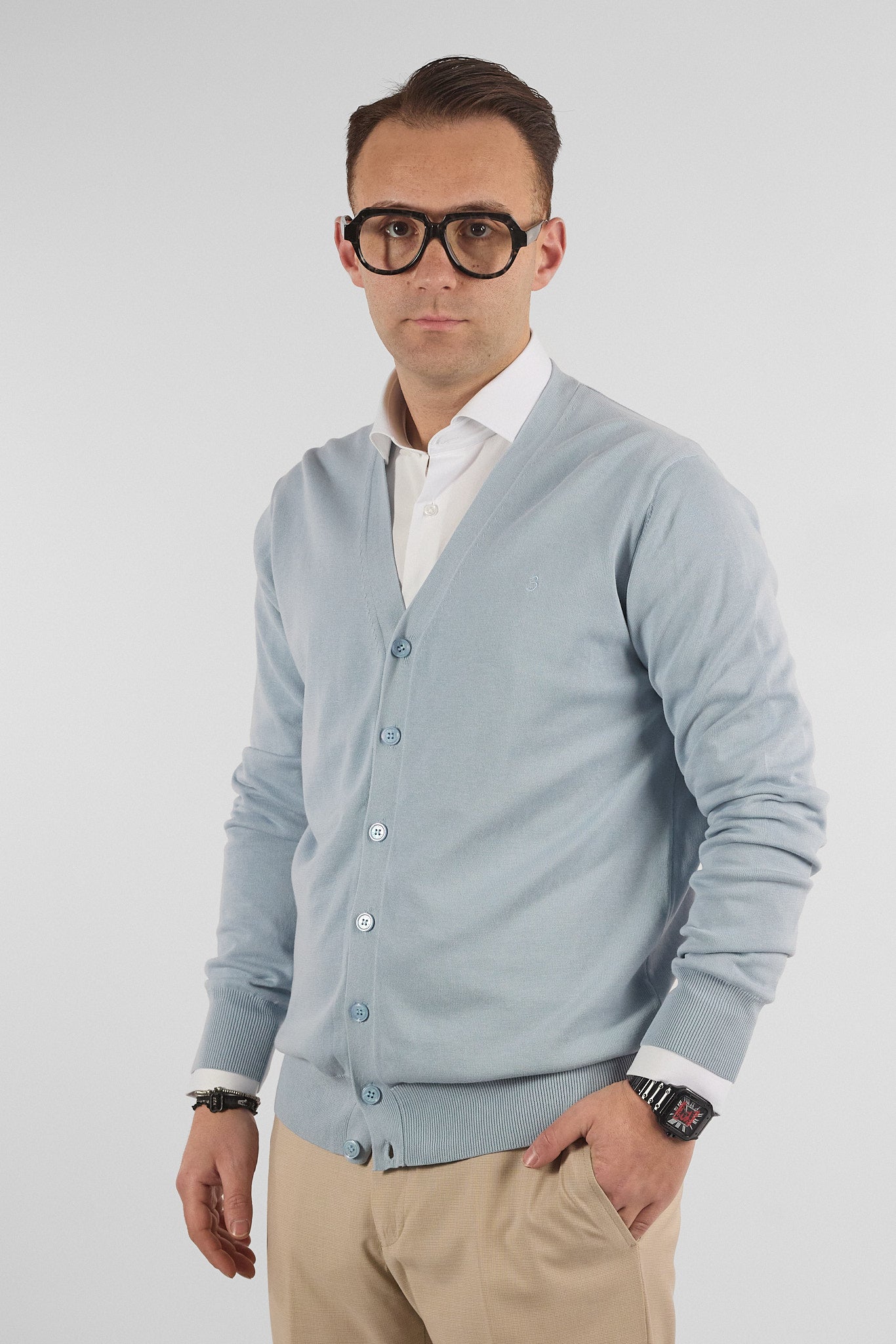 Cardigan a V con Bottoni Basic di Cotone 1107 | 2 per €50 | Celeste 16