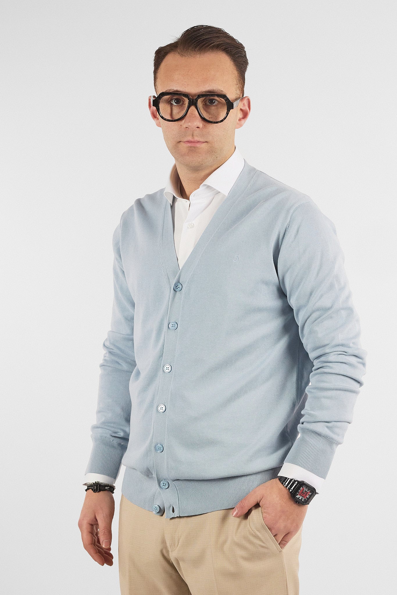 Cardigan a V con Bottoni Basic di Cotone 1107 | 2 per €50 | Celeste 16