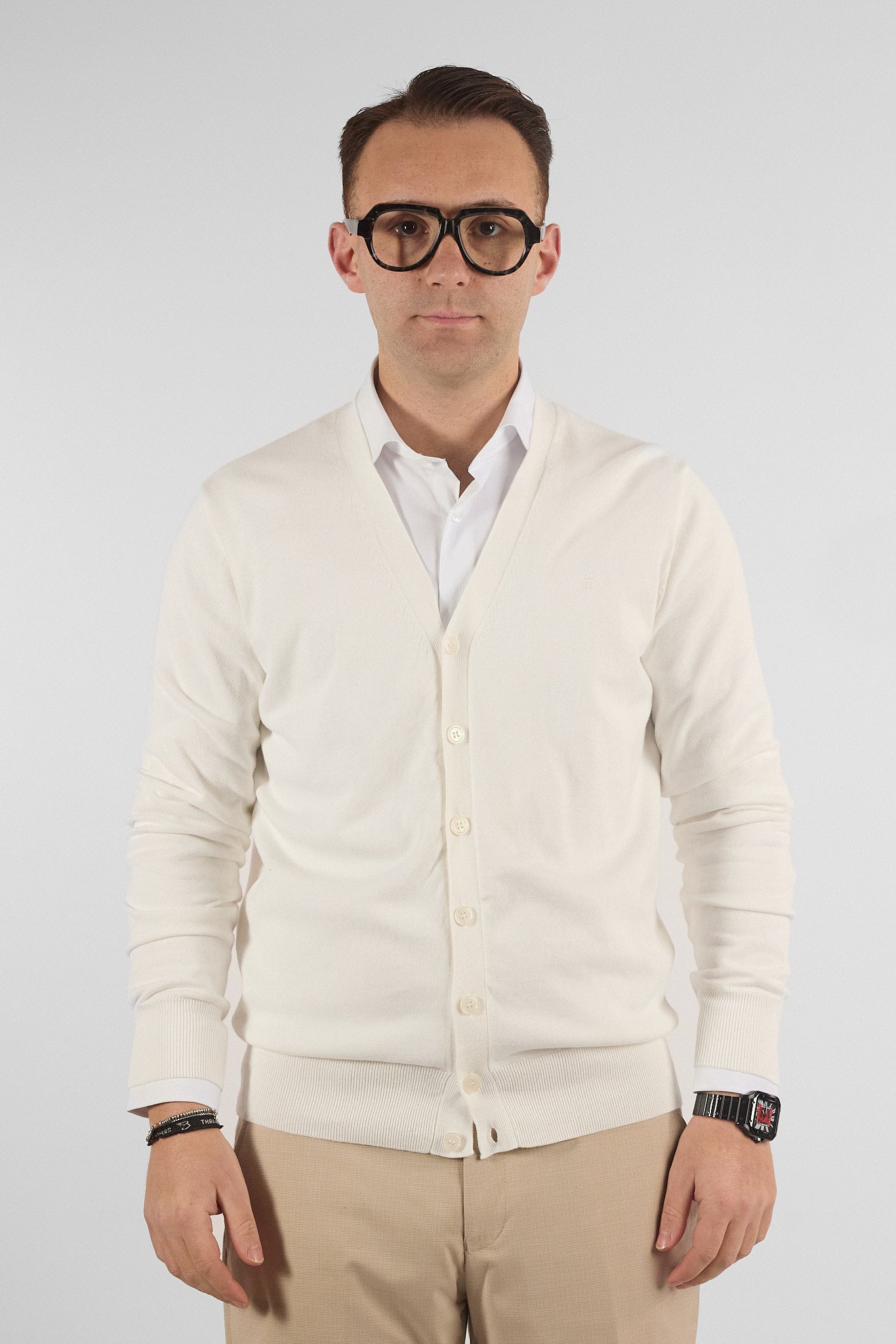 Cardigan a V con Bottoni Basic di Cotone 1107 | 2 per €50 | Bianco 15